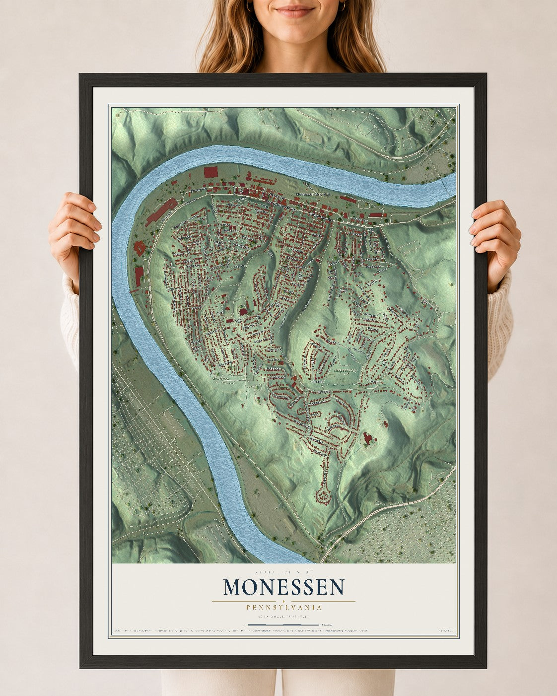 Map of Monessen, Pennsylvania, 24 x 36 inch print in a black wood frame