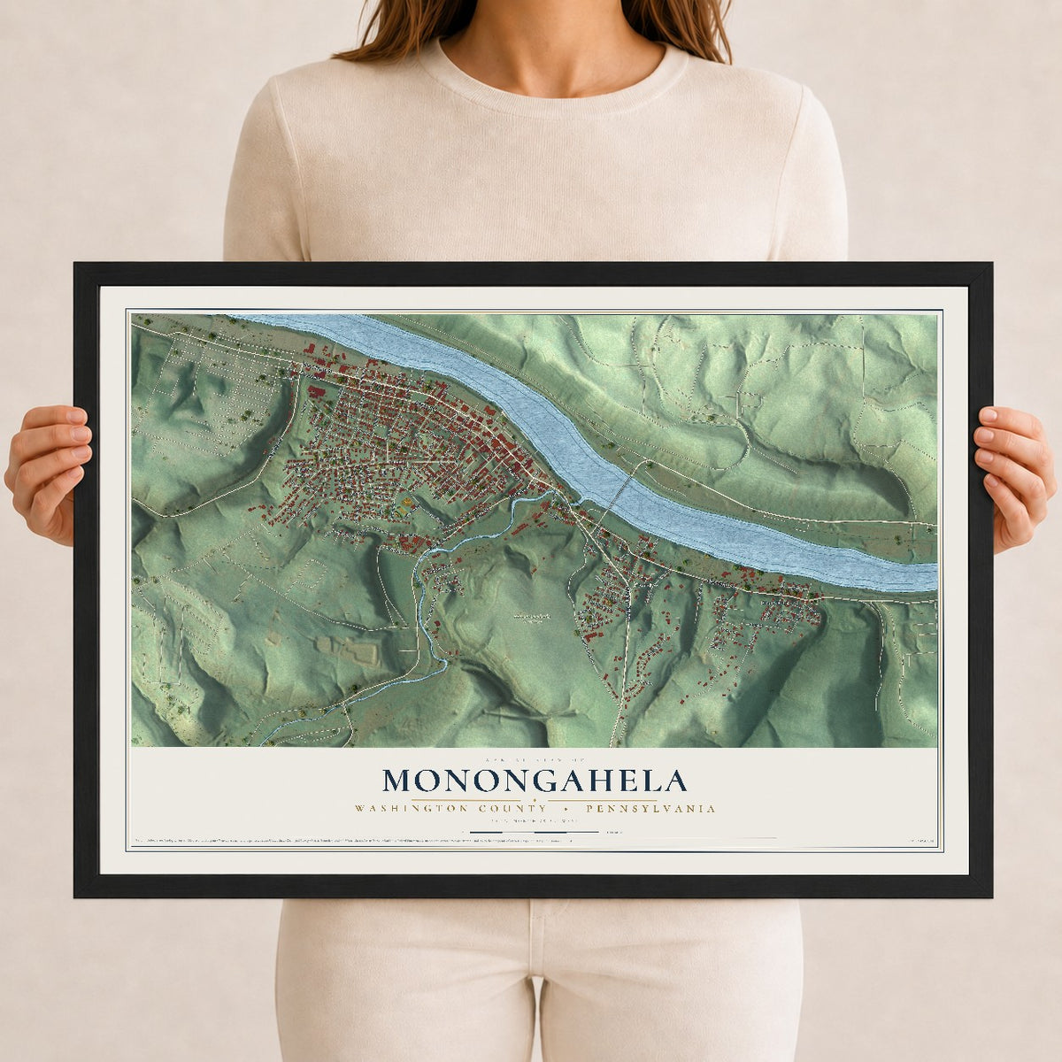 Map of Monongahela, Washington County, Pennsylvania, 12 x 18 inch print in a black wood frame