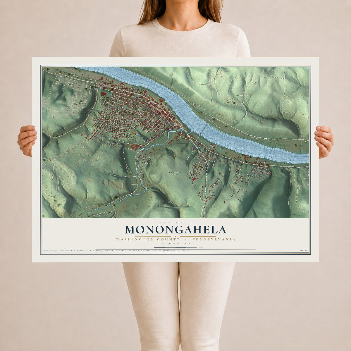 Map of Monongahela, Washington County, Pennsylvania, 24 x 36 inch unframed archival matte print