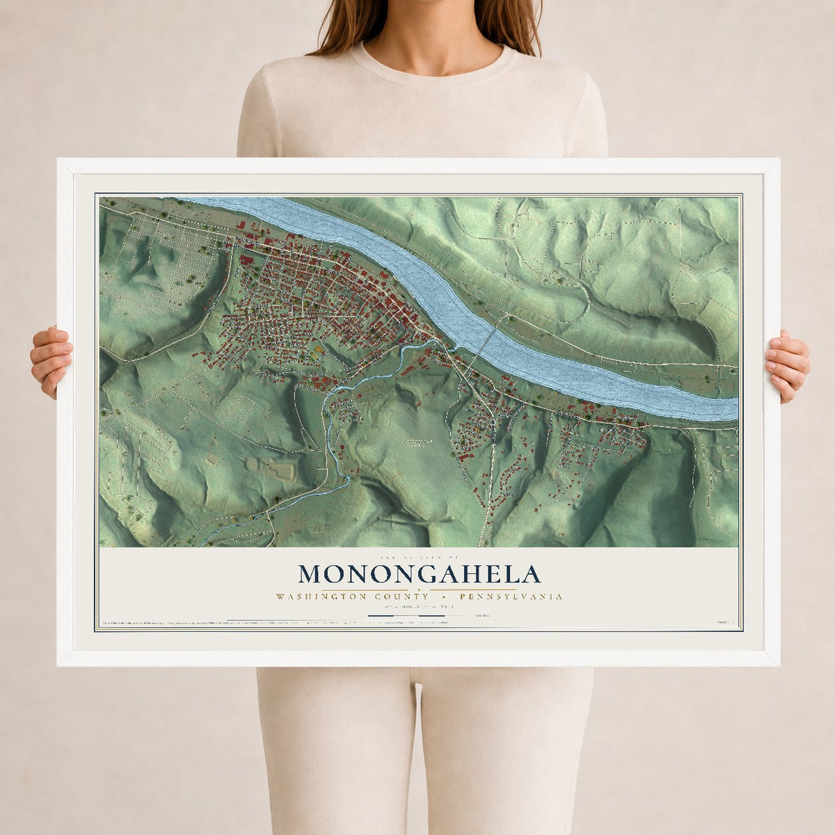 Map of Monongahela, Washington County, Pennsylvania, 24 x 36 inch print in a white wood frame