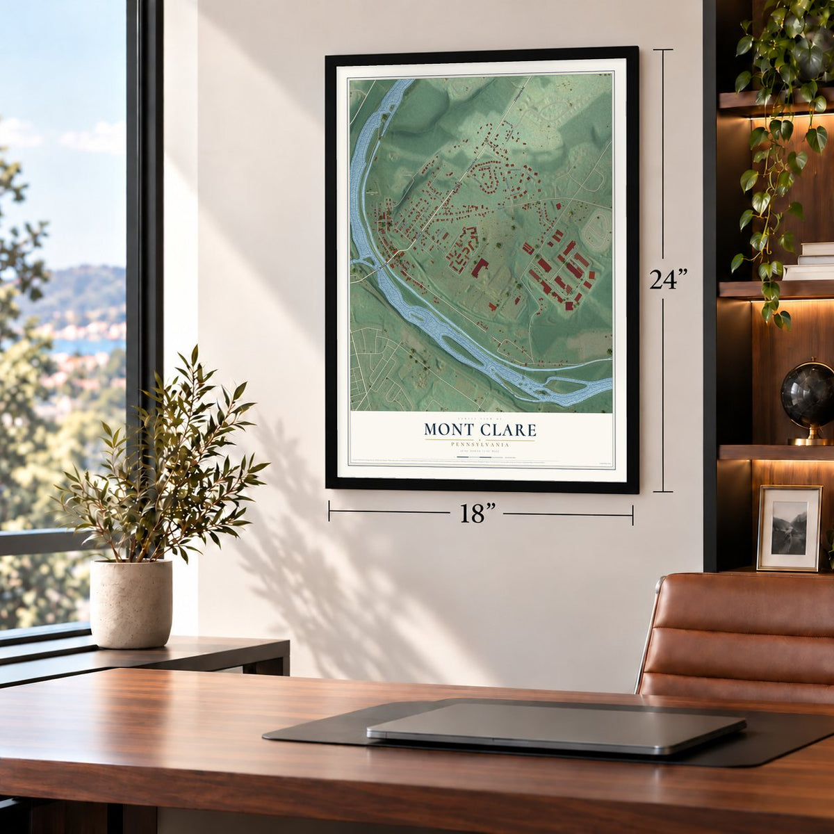 Mont Clare, Pennsylvania map, 18 x 24 inch print in a black frame in a home office