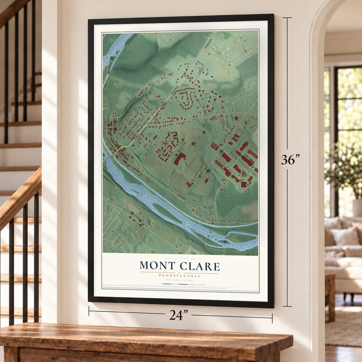 Mont Clare, Pennsylvania map, 24 x 36 inch print in a black frame by a staircase