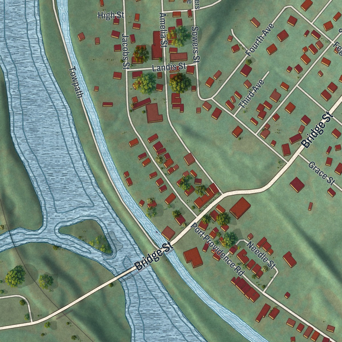 Close-up of the map of Mont Clare, Pennsylvania print showing street and building detail