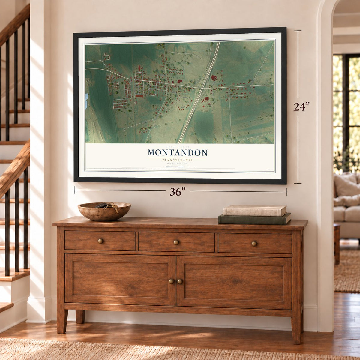 Montandon, Pennsylvania map, 24 x 36 inch print in a black frame above a dresser by a staircase