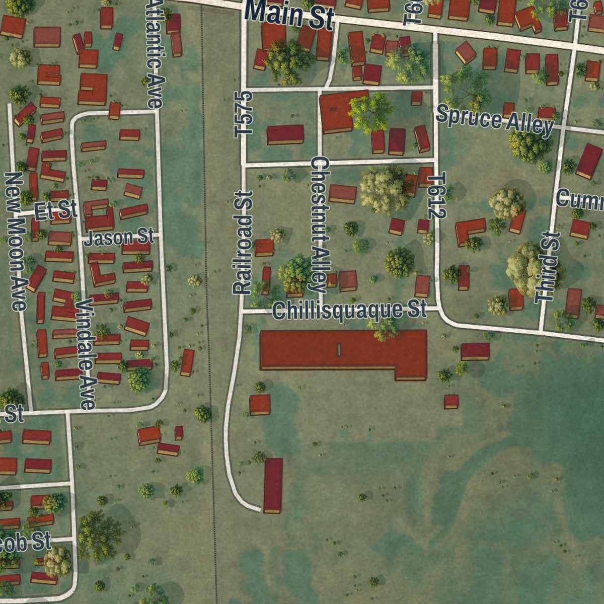 Close-up of the map of Montandon, Pennsylvania print showing street and building detail