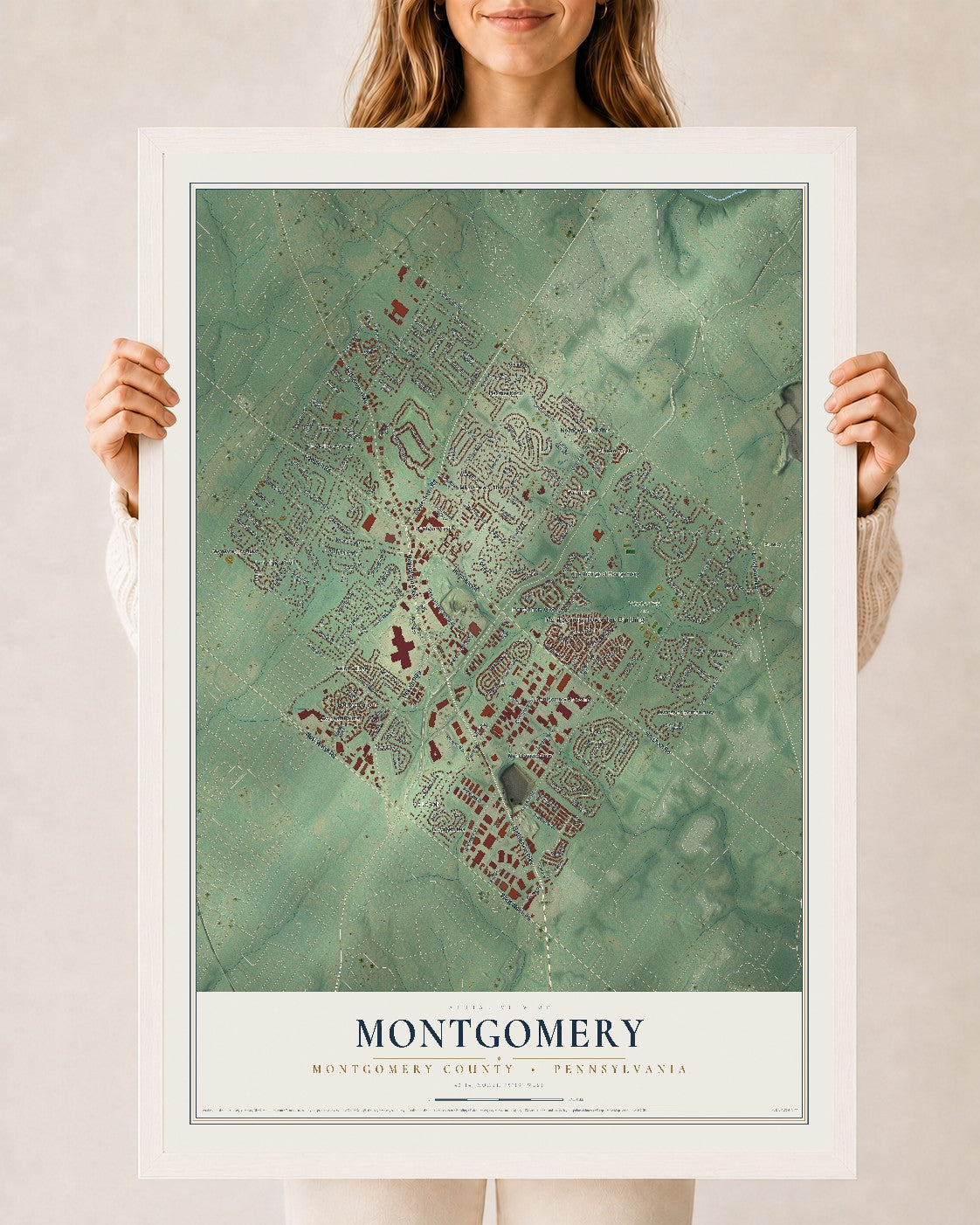 Map of Montgomery, Montgomery County, Pennsylvania, 24 x 36 inch print in a white wood frame