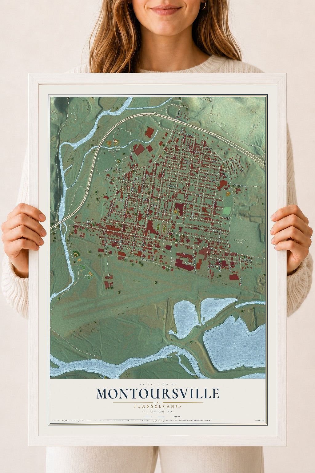 Map of Montoursville, Pennsylvania, 18 x 24 inch print in a white wood frame