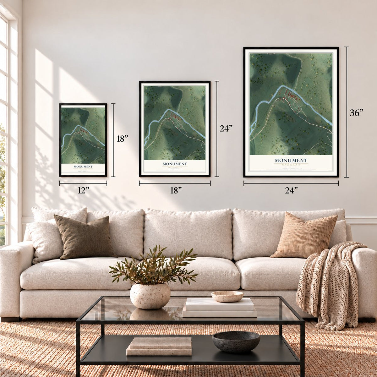 Monument, Pennsylvania map in 12 x 18, 18 x 24 and 24 x 36 inch sizes above a sofa