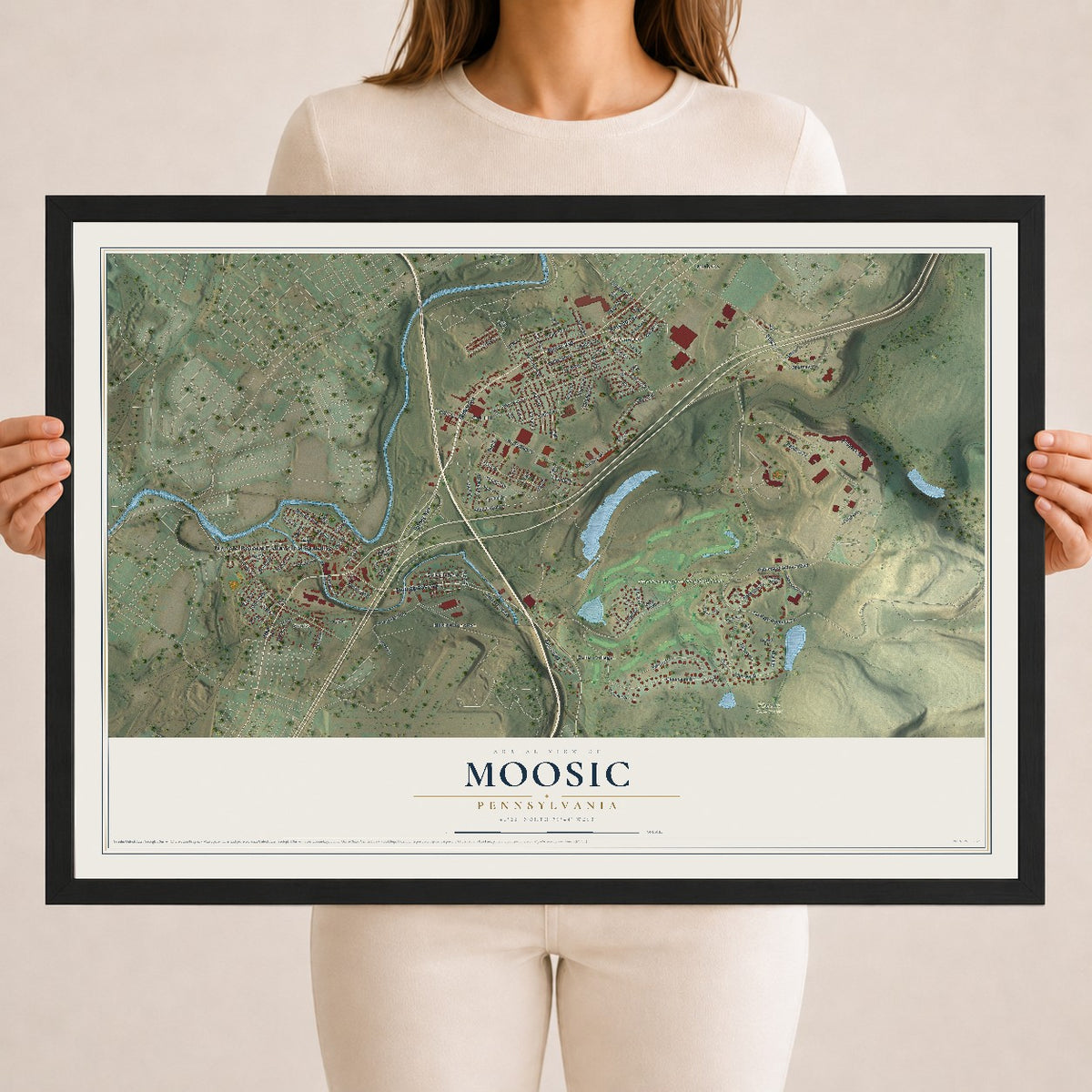 Map of Moosic, Pennsylvania, 18 x 24 inch print in a black wood frame