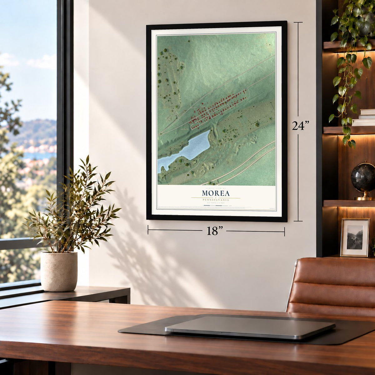 Morea, Pennsylvania map, 18 x 24 inch print in a black frame in a home office