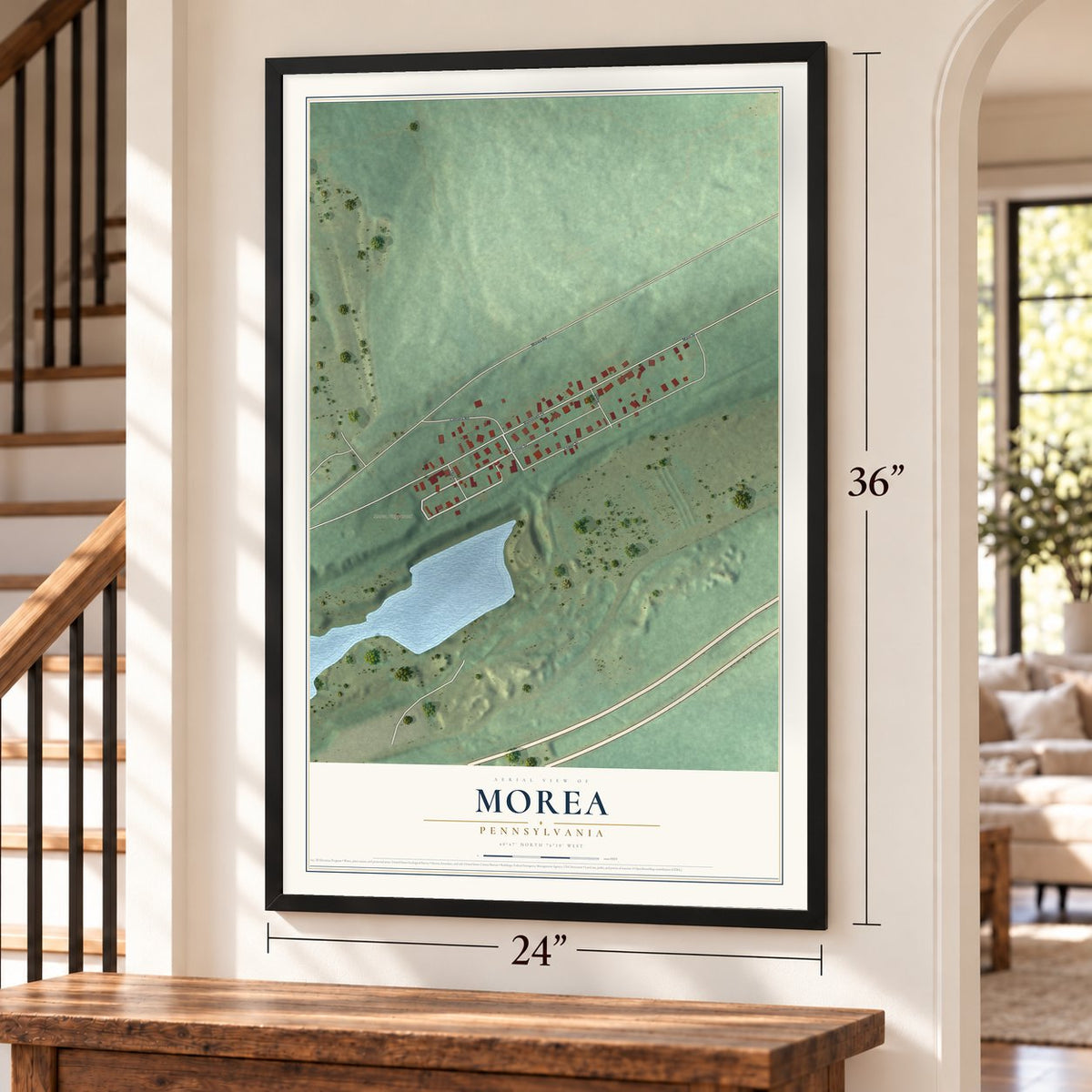 Morea, Pennsylvania map, 24 x 36 inch print in a black frame by a staircase