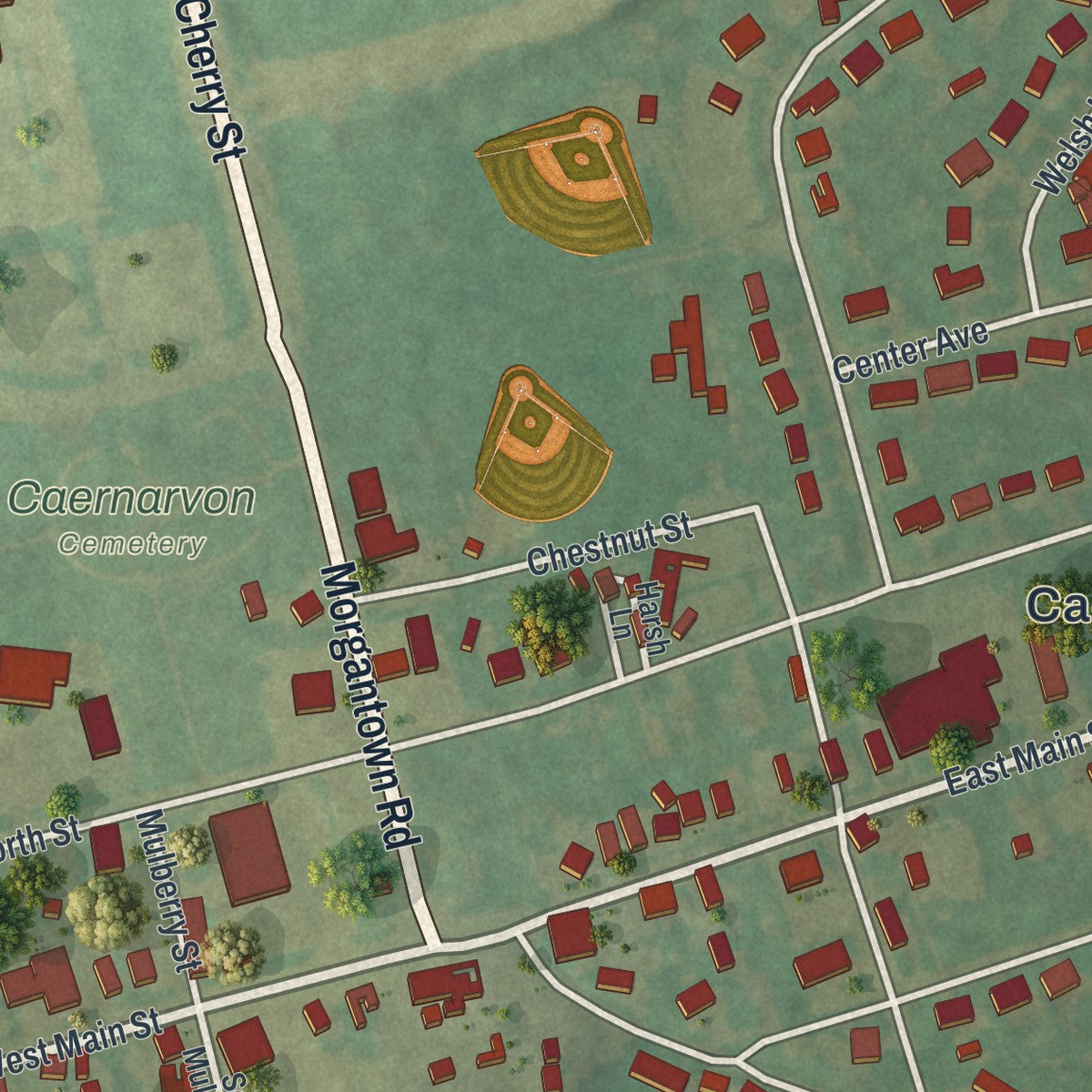 Close-up of the map of Morgantown, Pennsylvania print showing street and building detail