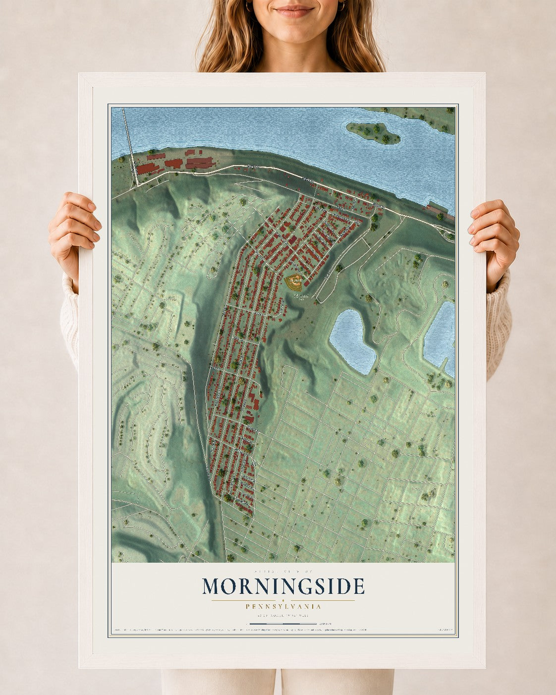 Map of Morningside, Pennsylvania, 24 x 36 inch print in a white wood frame