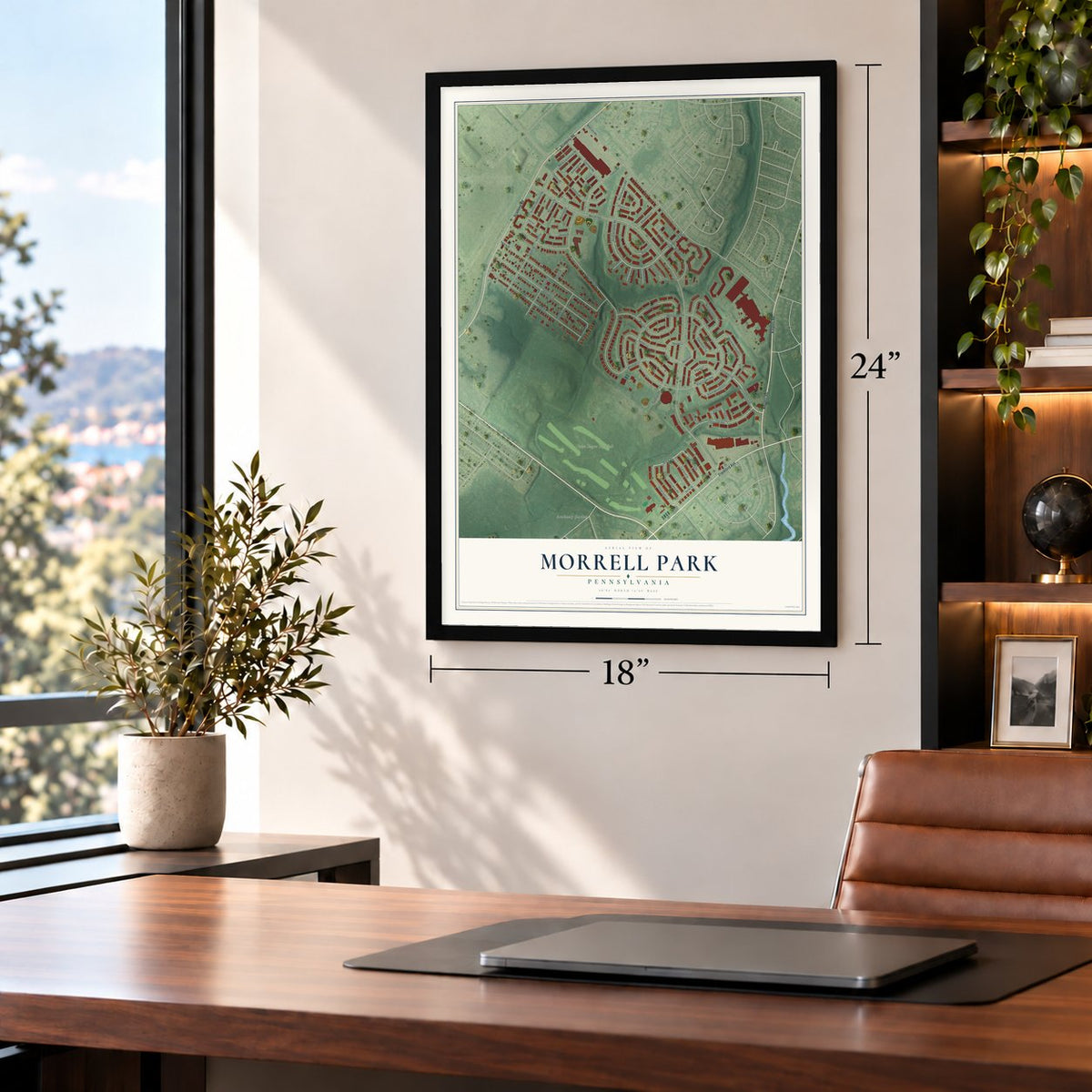 Morrell Park, Pennsylvania map, 18 x 24 inch print in a black frame in a home office