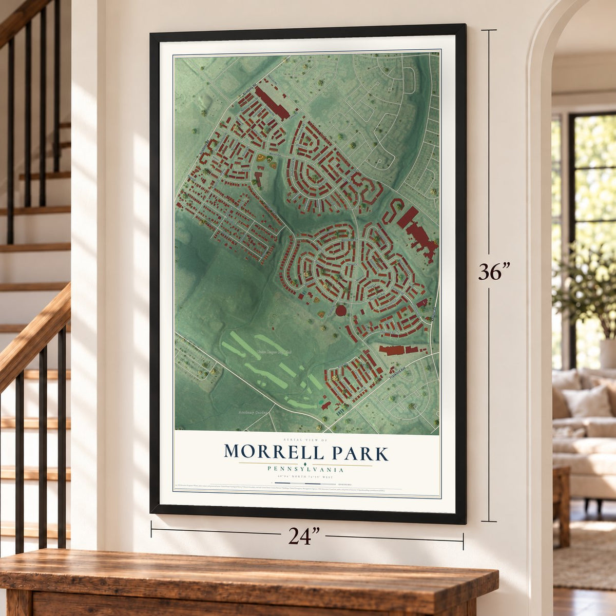 Morrell Park, Pennsylvania map, 24 x 36 inch print in a black frame by a staircase
