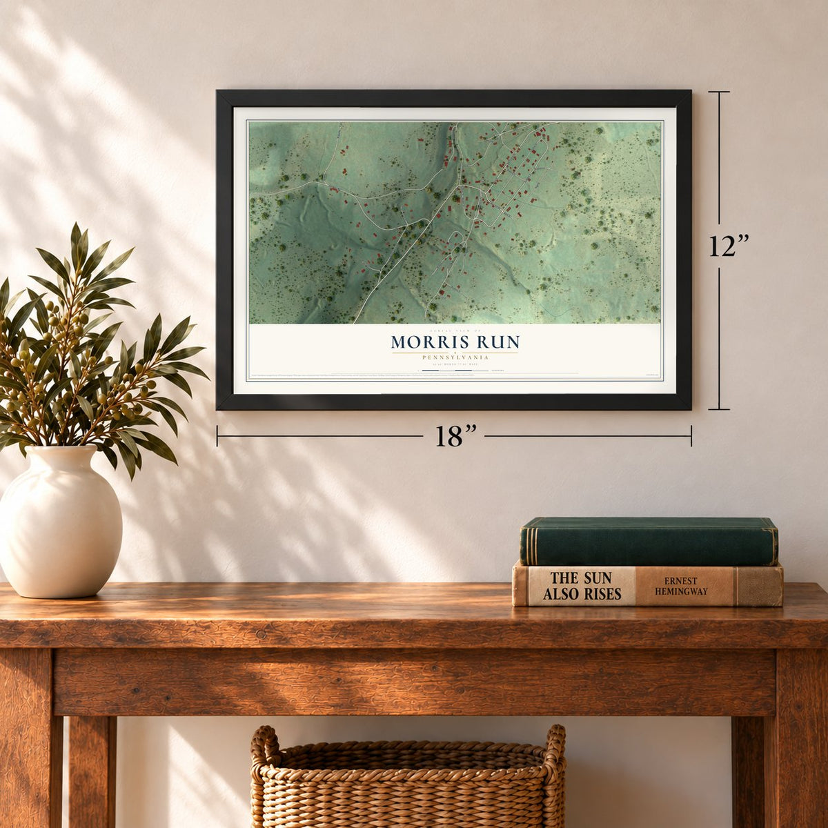 Morris Run, Pennsylvania map, 12 x 18 inch print in a black frame in an entryway