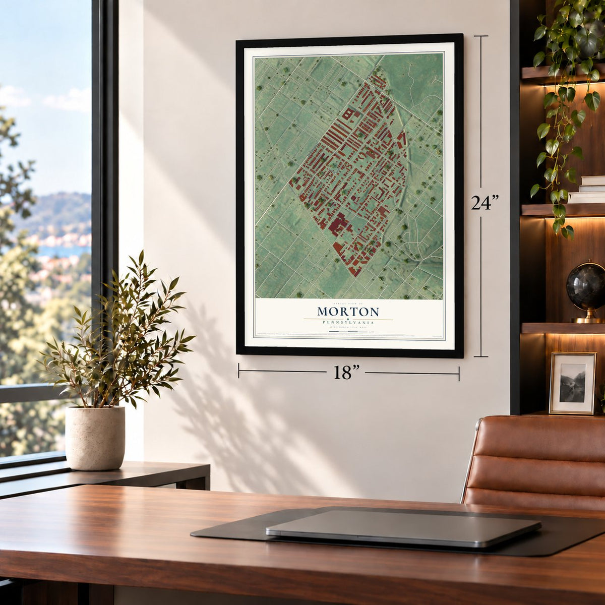 Morton, Philadelphia, Pennsylvania map, 18 x 24 inch print in a black frame in a home office