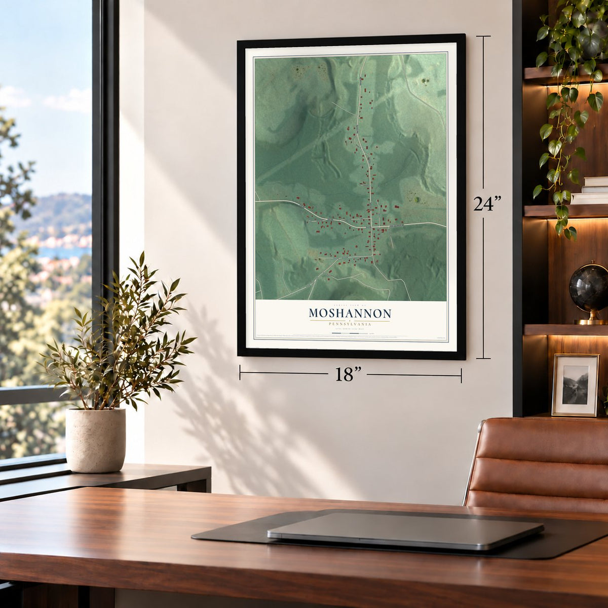 Moshannon, Pennsylvania map, 18 x 24 inch print in a black frame in a home office