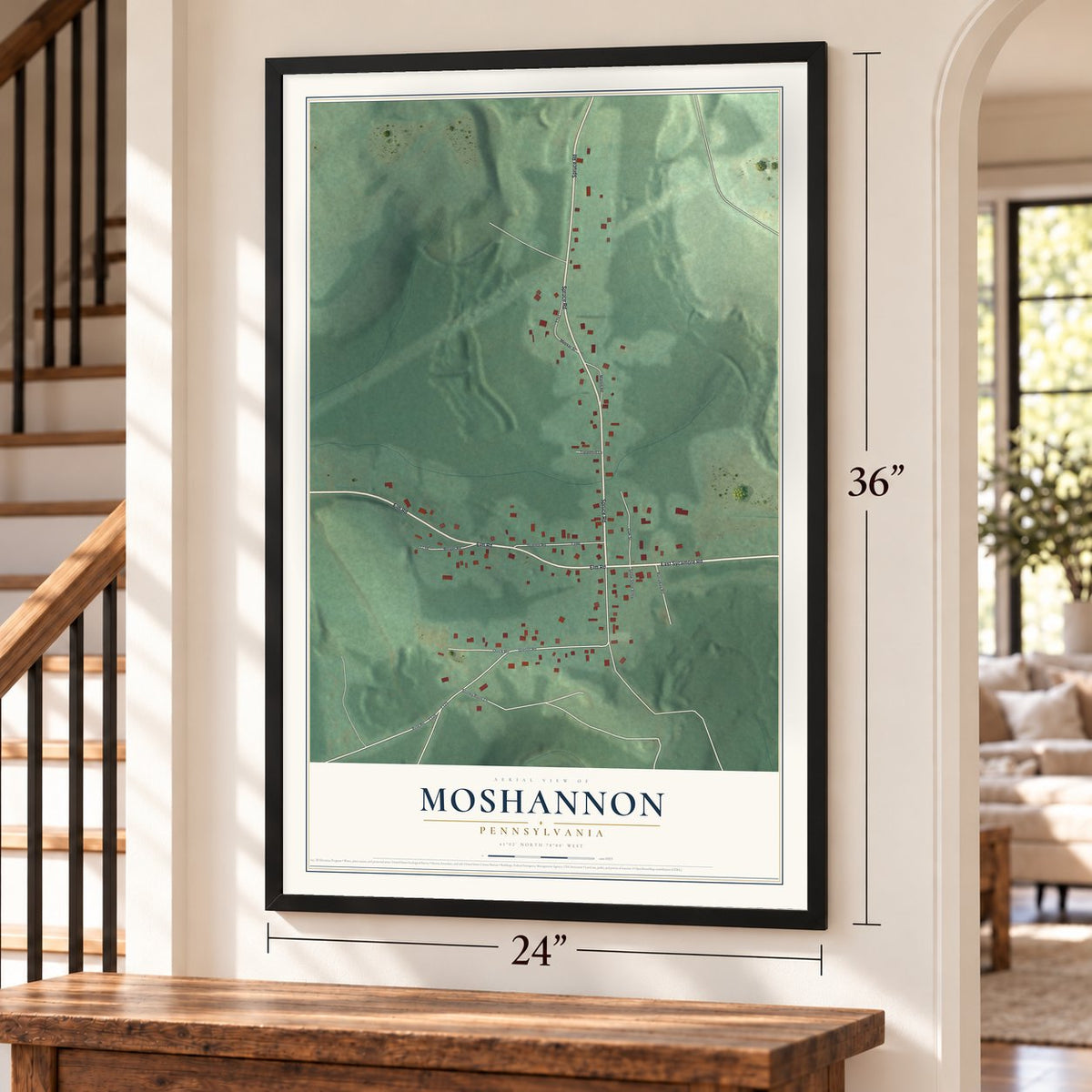 Moshannon, Pennsylvania map, 24 x 36 inch print in a black frame by a staircase