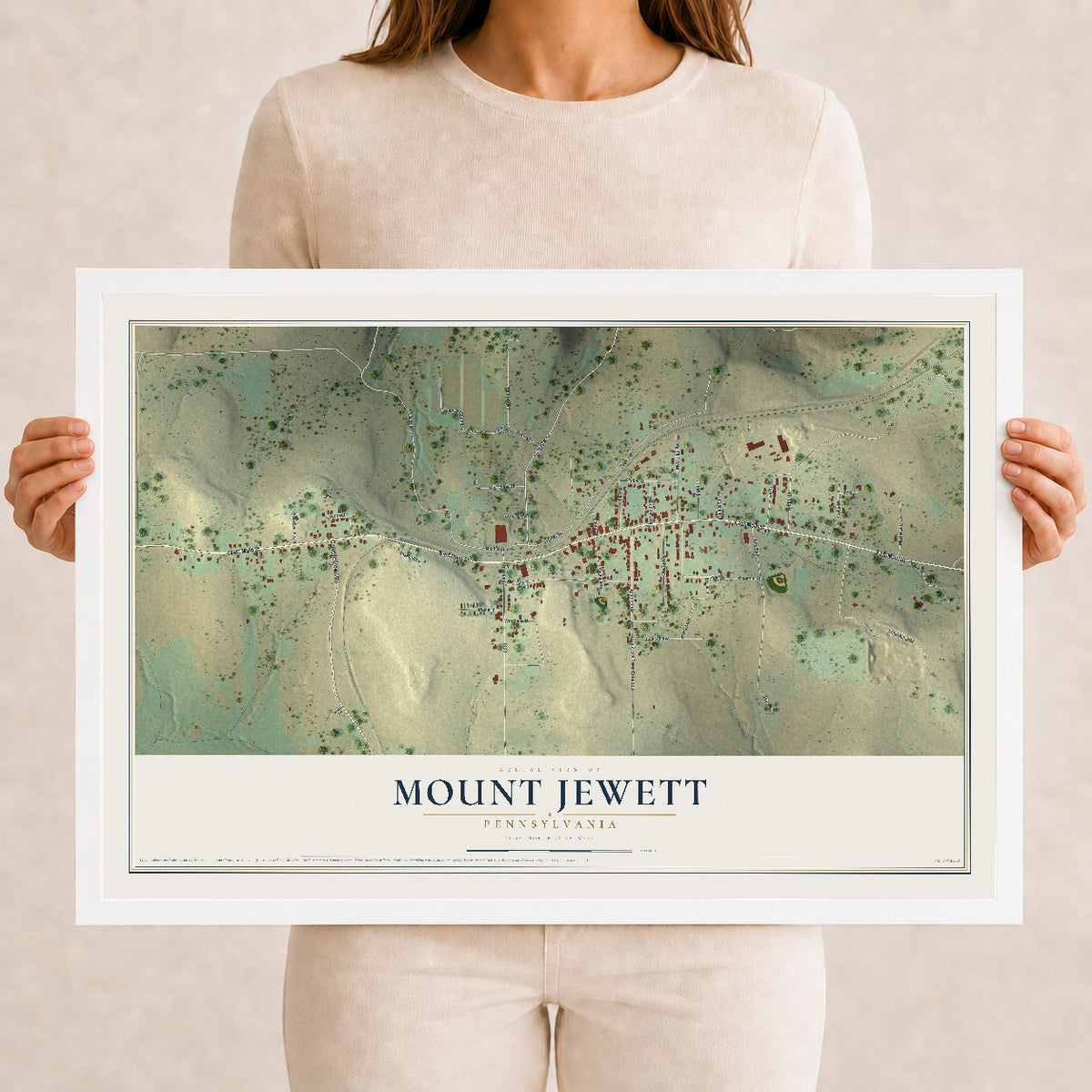 Map of Mount Jewett, Pennsylvania, 12 x 18 inch print in a white wood frame