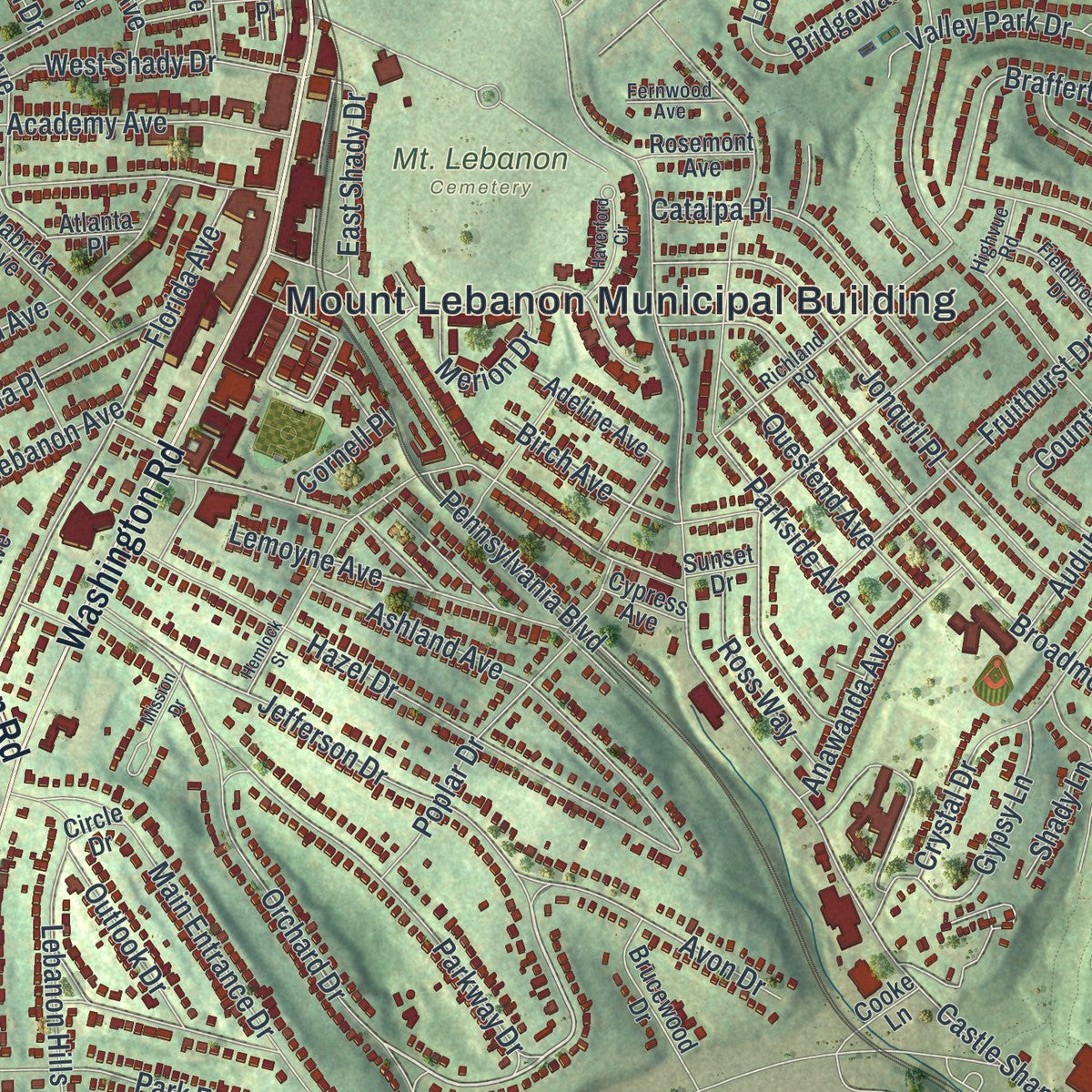 Close-up of the map of Mount Lebanon, Pennsylvania print showing street and building detail