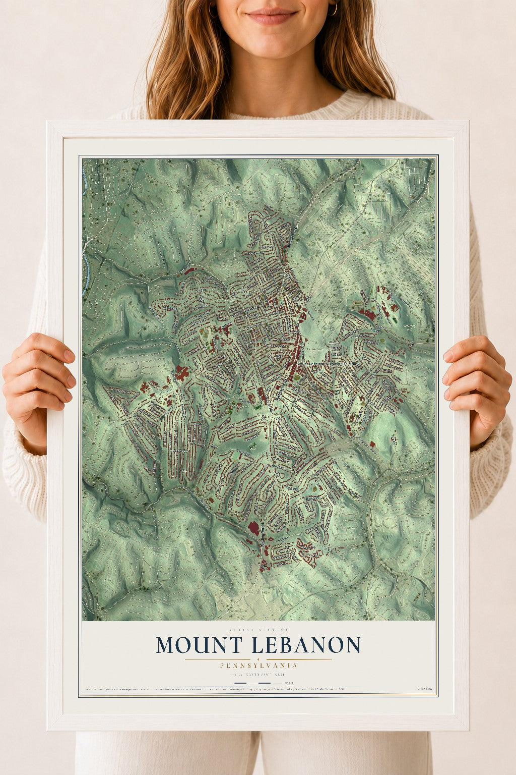 Map of Mount Lebanon, Pennsylvania, 18 x 24 inch print in a white wood frame