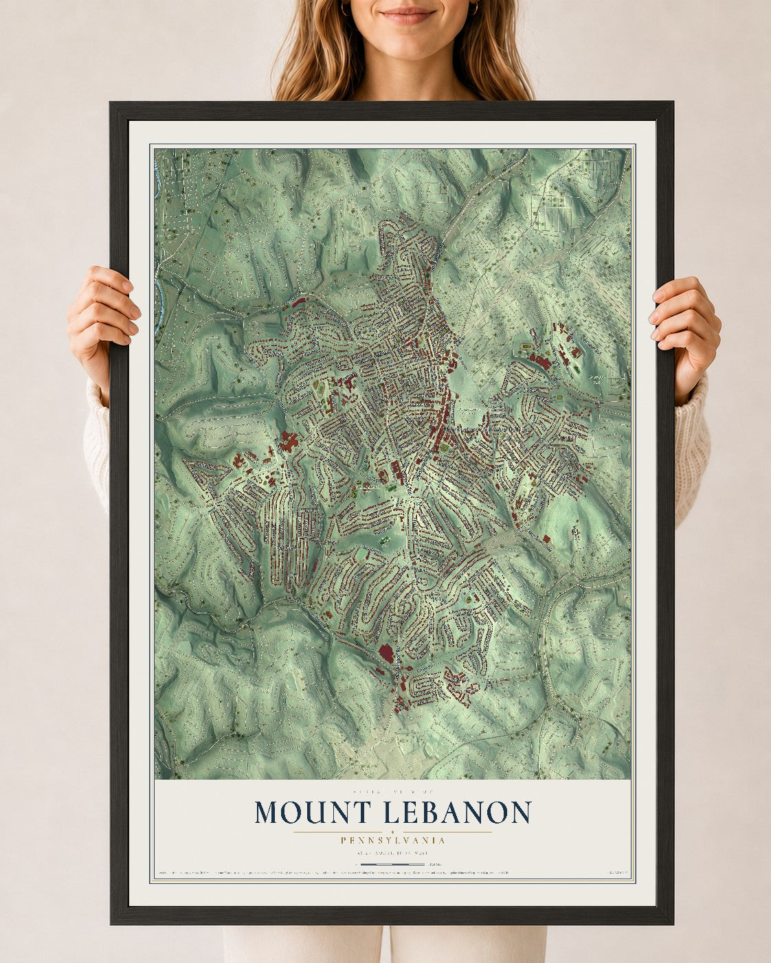 Map of Mount Lebanon, Pennsylvania, 24 x 36 inch print in a black wood frame