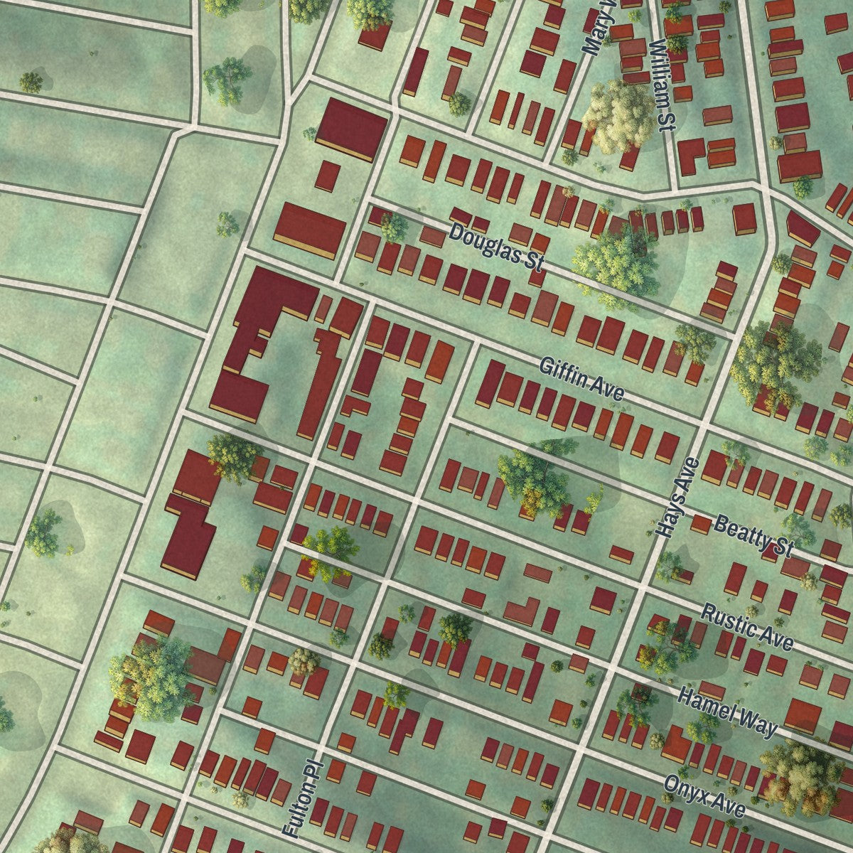 Close-up of the map of Mount Oliver, Pennsylvania print showing street and building detail