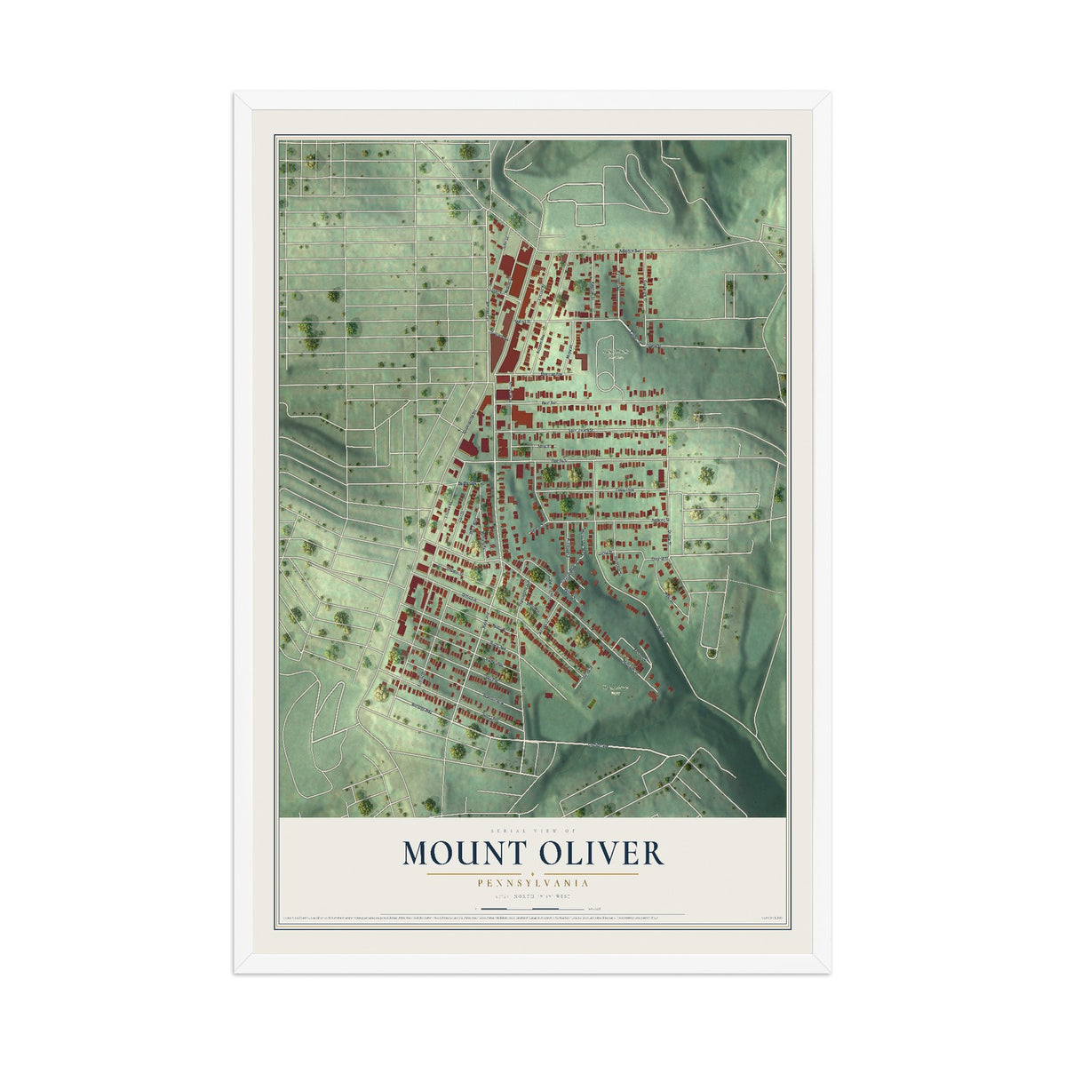 Map of Mount Oliver, Pennsylvania, 12 x 18 inch print in a white wood frame