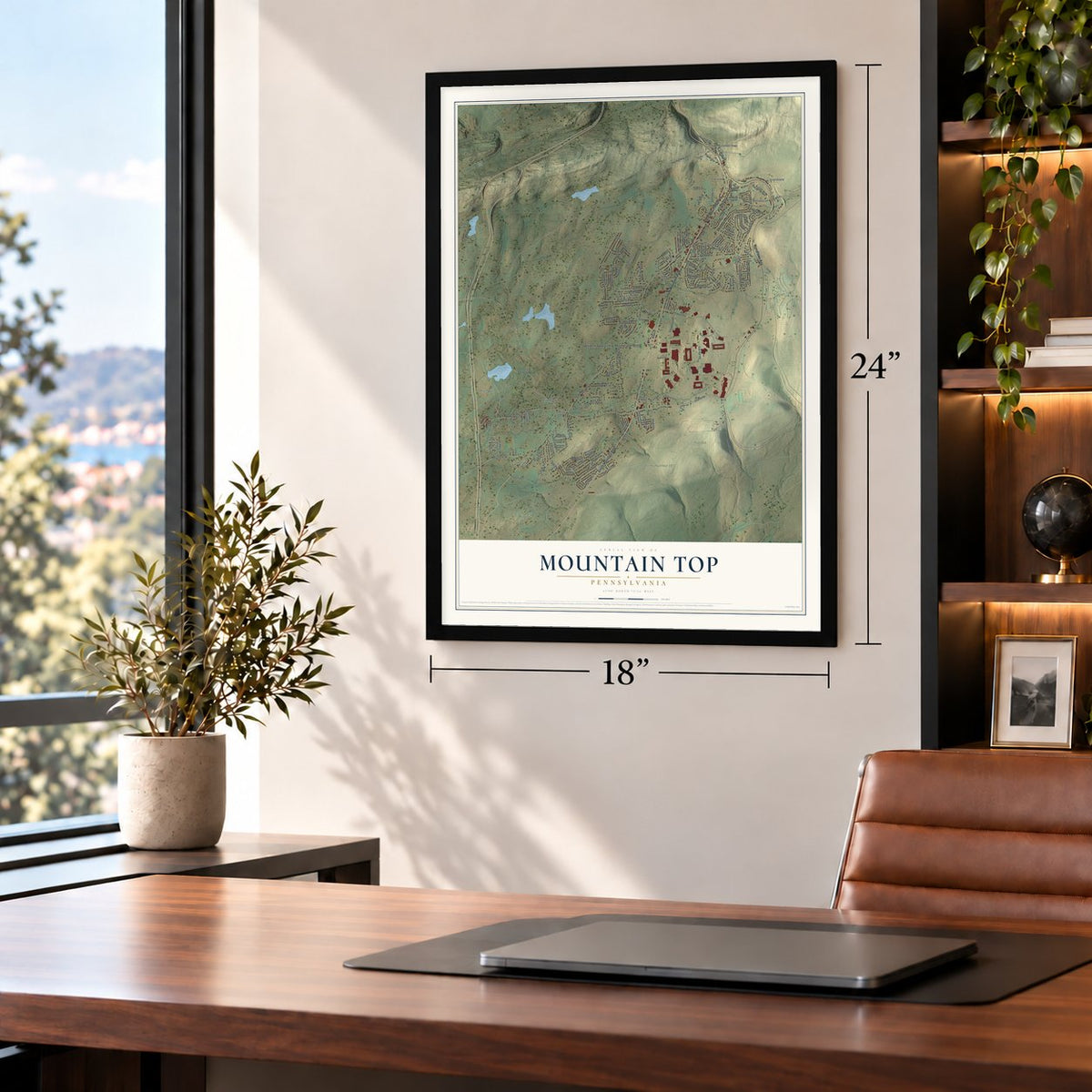 Mountain Top, Pennsylvania map, 18 x 24 inch print in a black frame in a home office