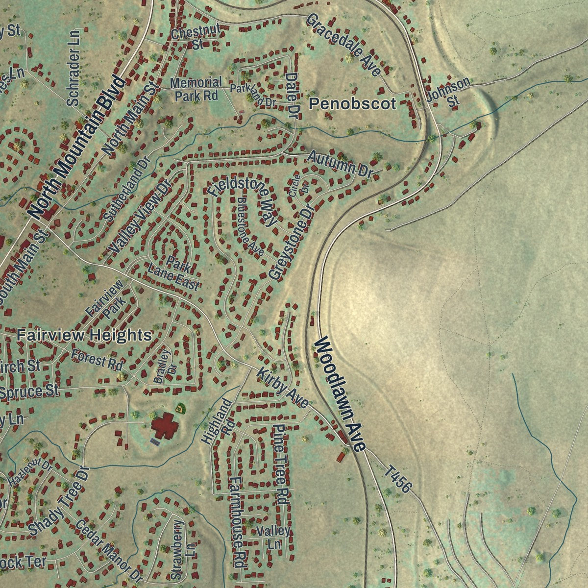 Close-up of the map of Mountain Top, Pennsylvania print showing street and building detail