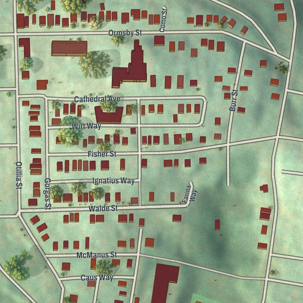 Close-up of the map of Mt. Oliver, Pennsylvania print showing street and building detail