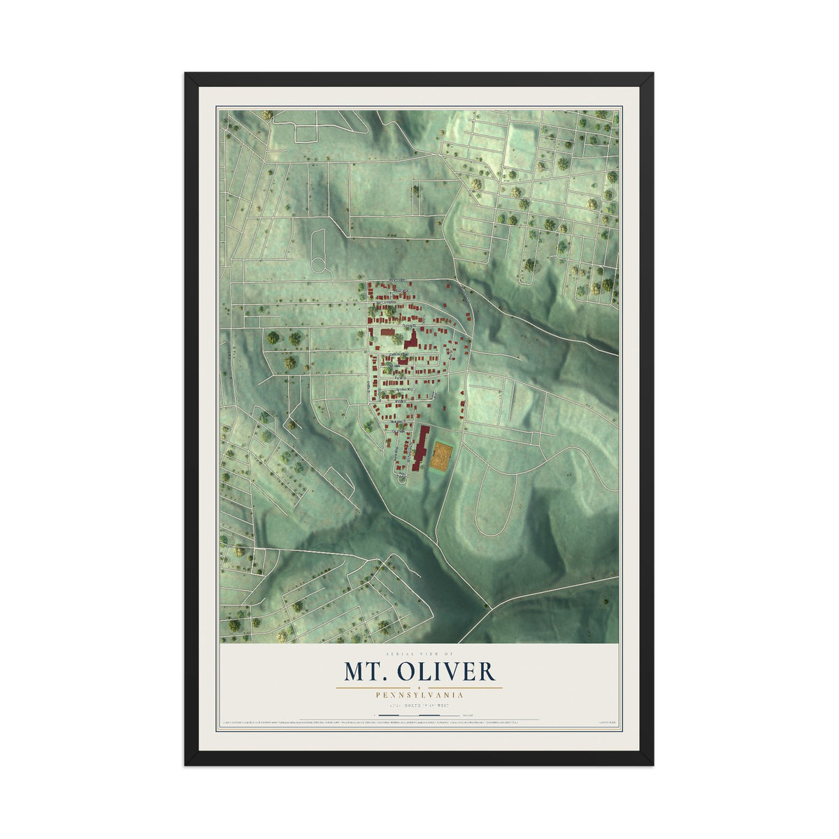 Map of Mt. Oliver, Pennsylvania, 12 x 18 inch print in a black wood frame