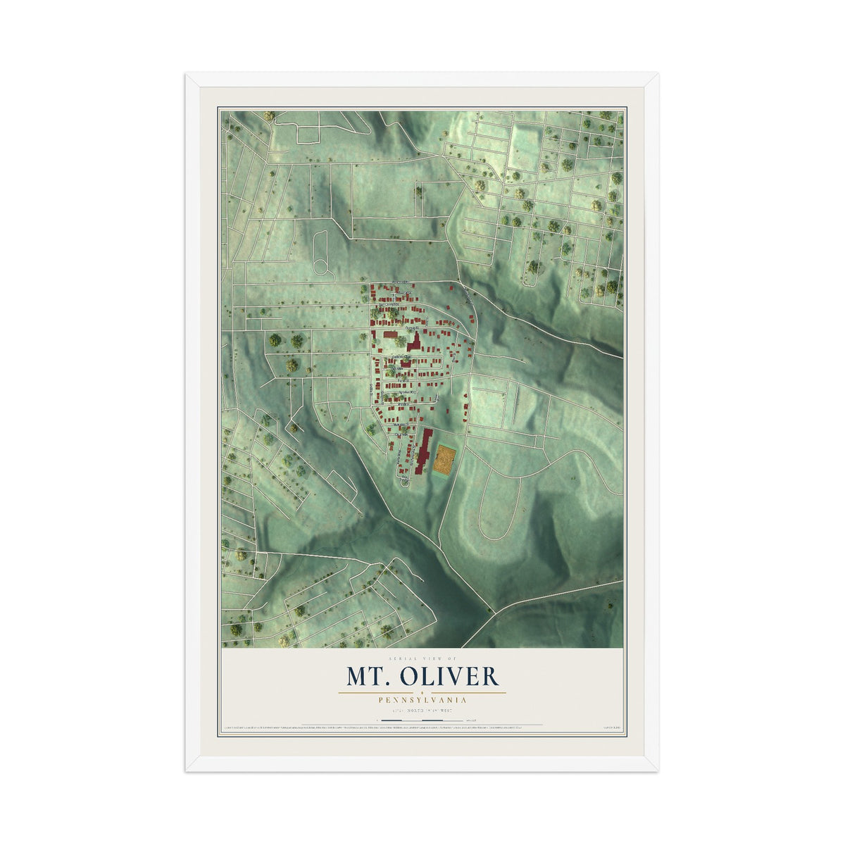 Map of Mt. Oliver, Pennsylvania, 12 x 18 inch print in a white wood frame