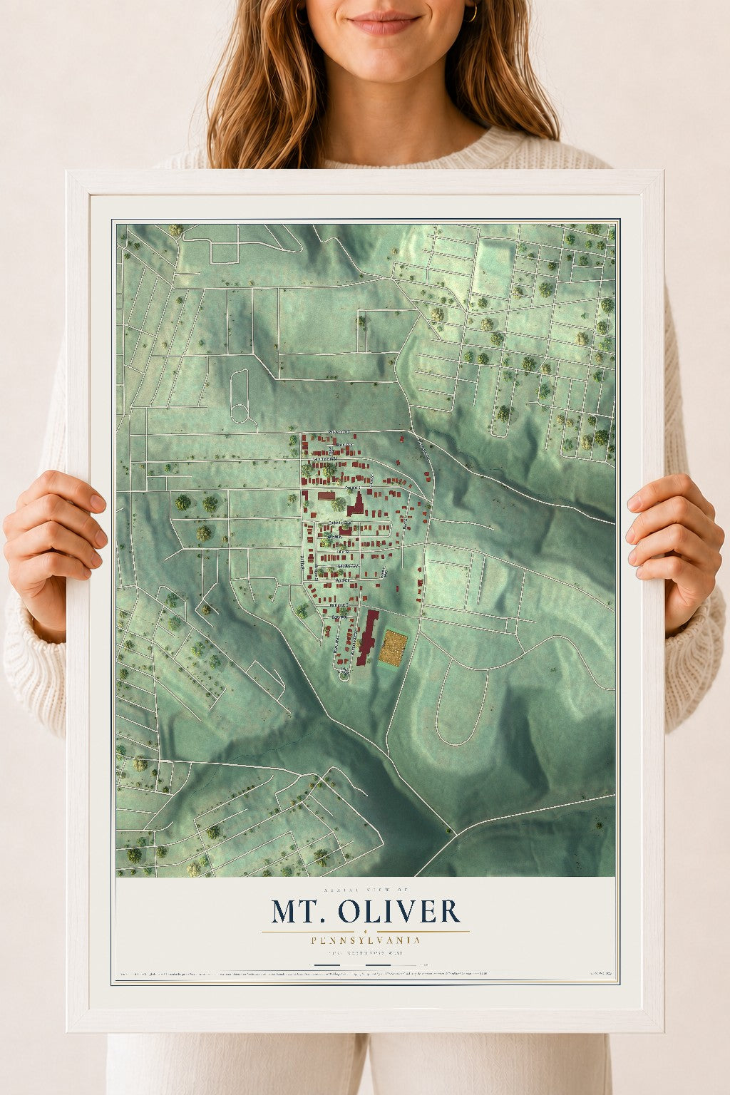 Map of Mt. Oliver, Pennsylvania, 18 x 24 inch print in a white wood frame