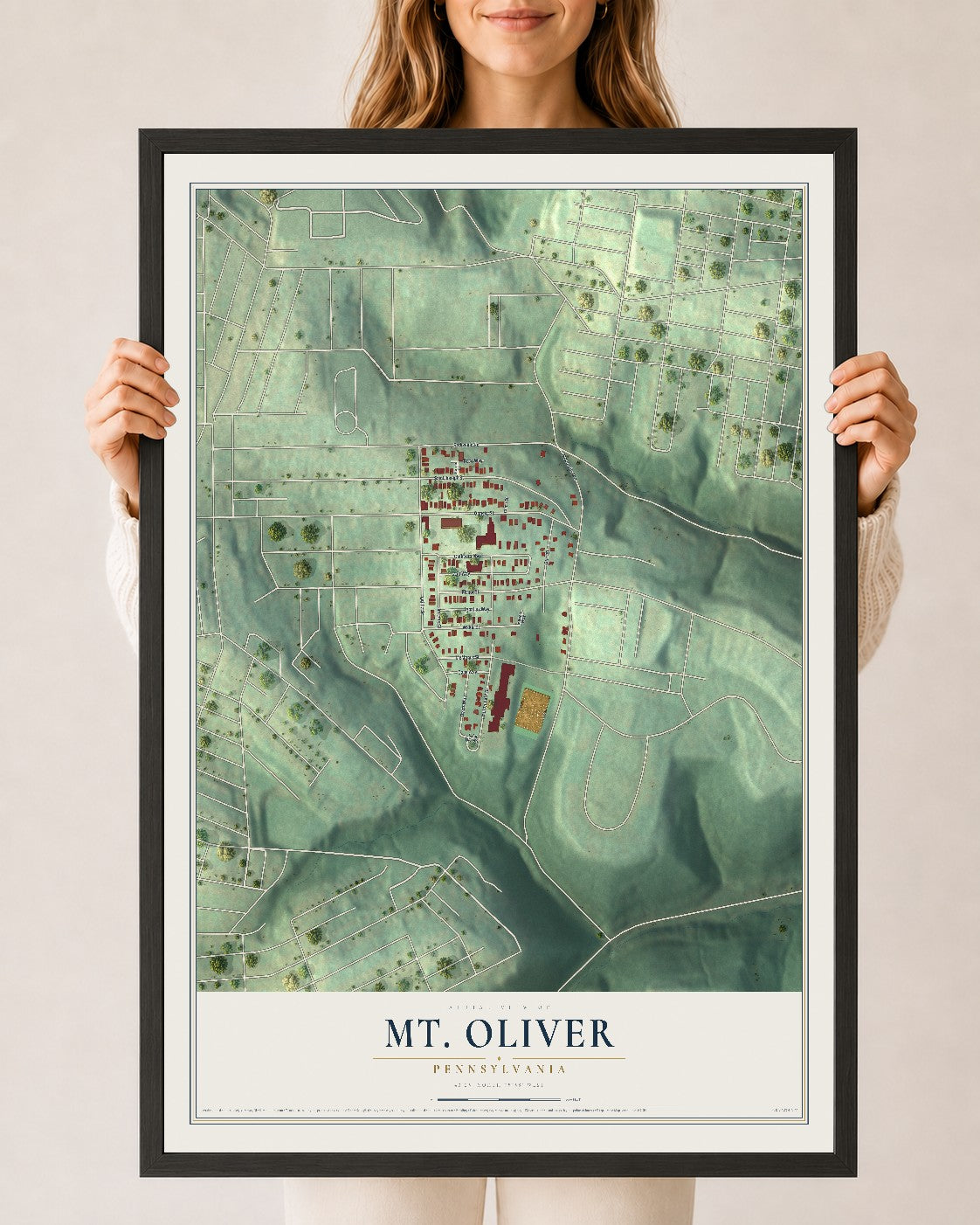 Map of Mt. Oliver, Pennsylvania, 24 x 36 inch print in a black wood frame
