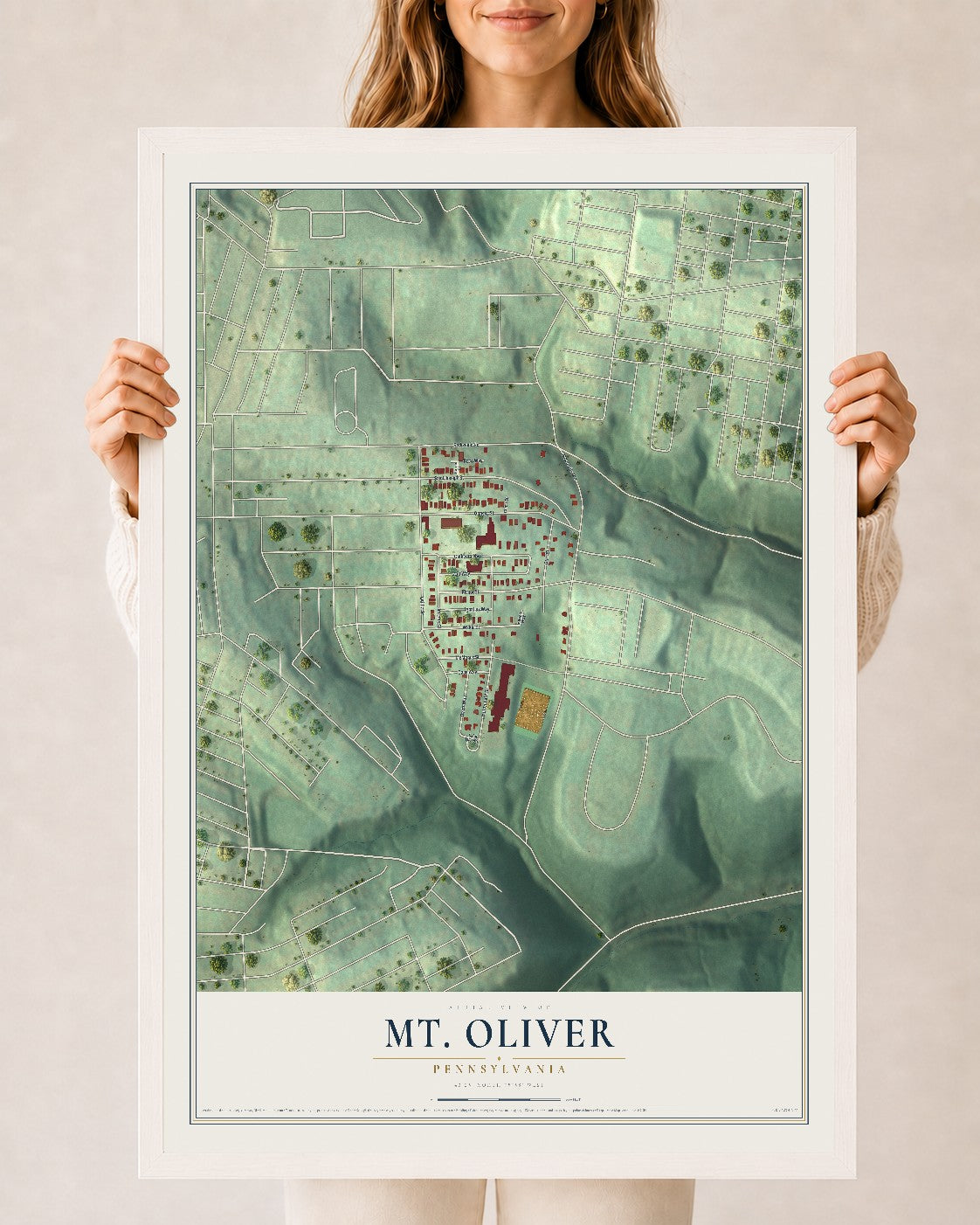 Map of Mt. Oliver, Pennsylvania, 24 x 36 inch print in a white wood frame