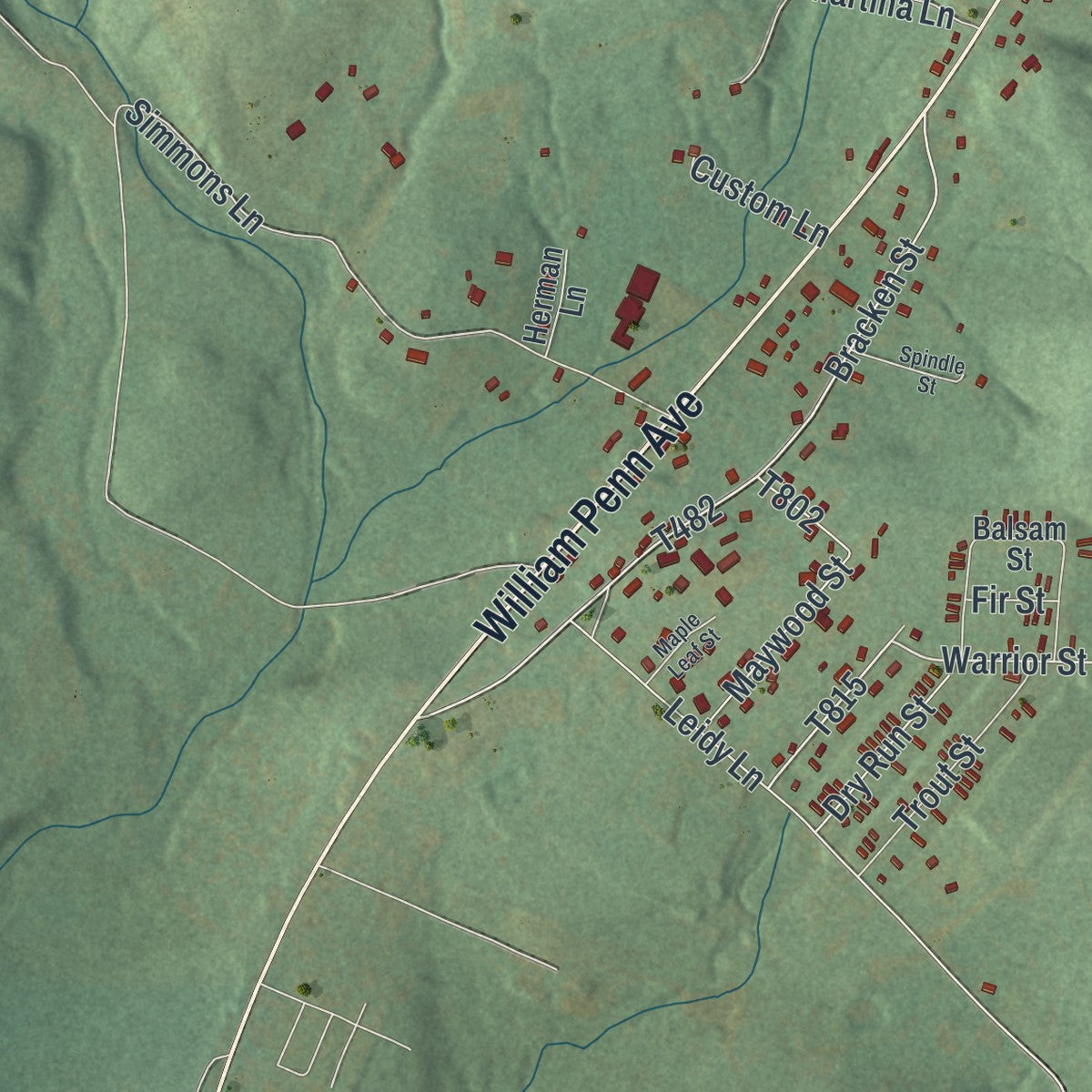 Close-up of the map of Mundys Corner, Pennsylvania print showing street and building detail