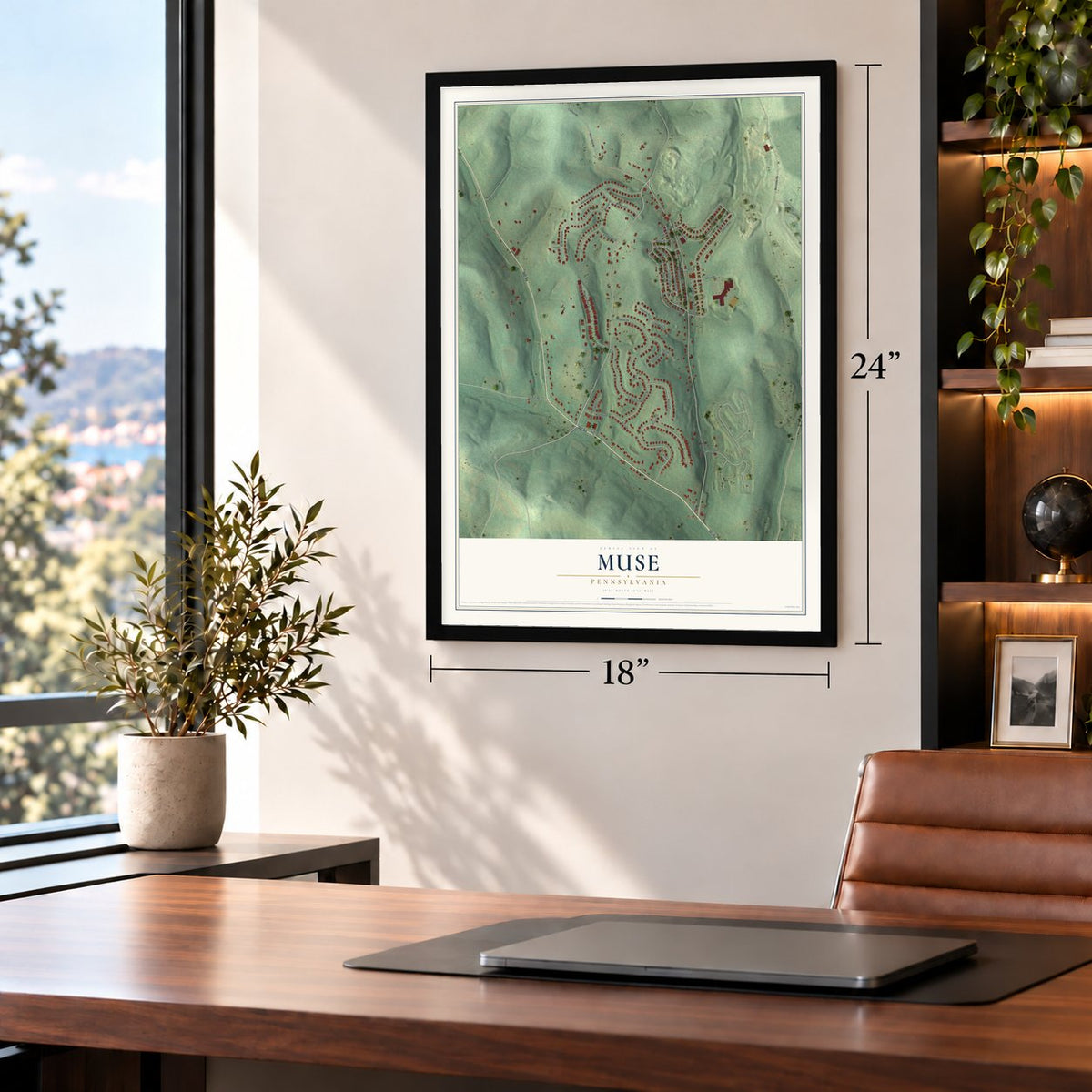 Muse, Pennsylvania map, 18 x 24 inch print in a black frame in a home office