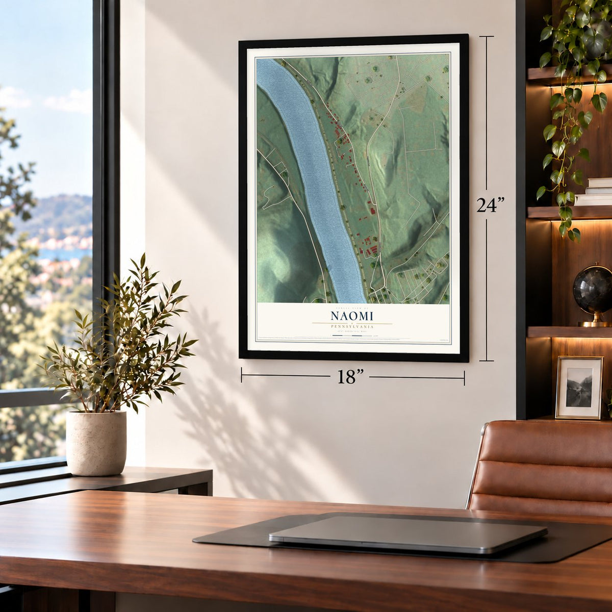Naomi, Pennsylvania map, 18 x 24 inch print in a black frame in a home office