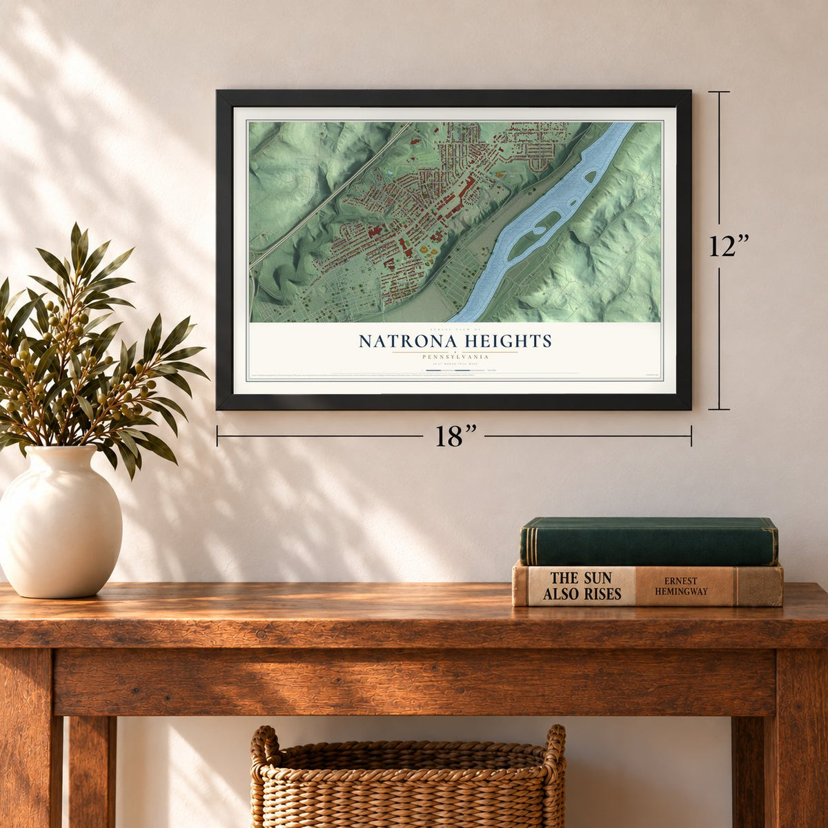 Natrona Heights, Pennsylvania map, 12 x 18 inch print in a black frame in an entryway