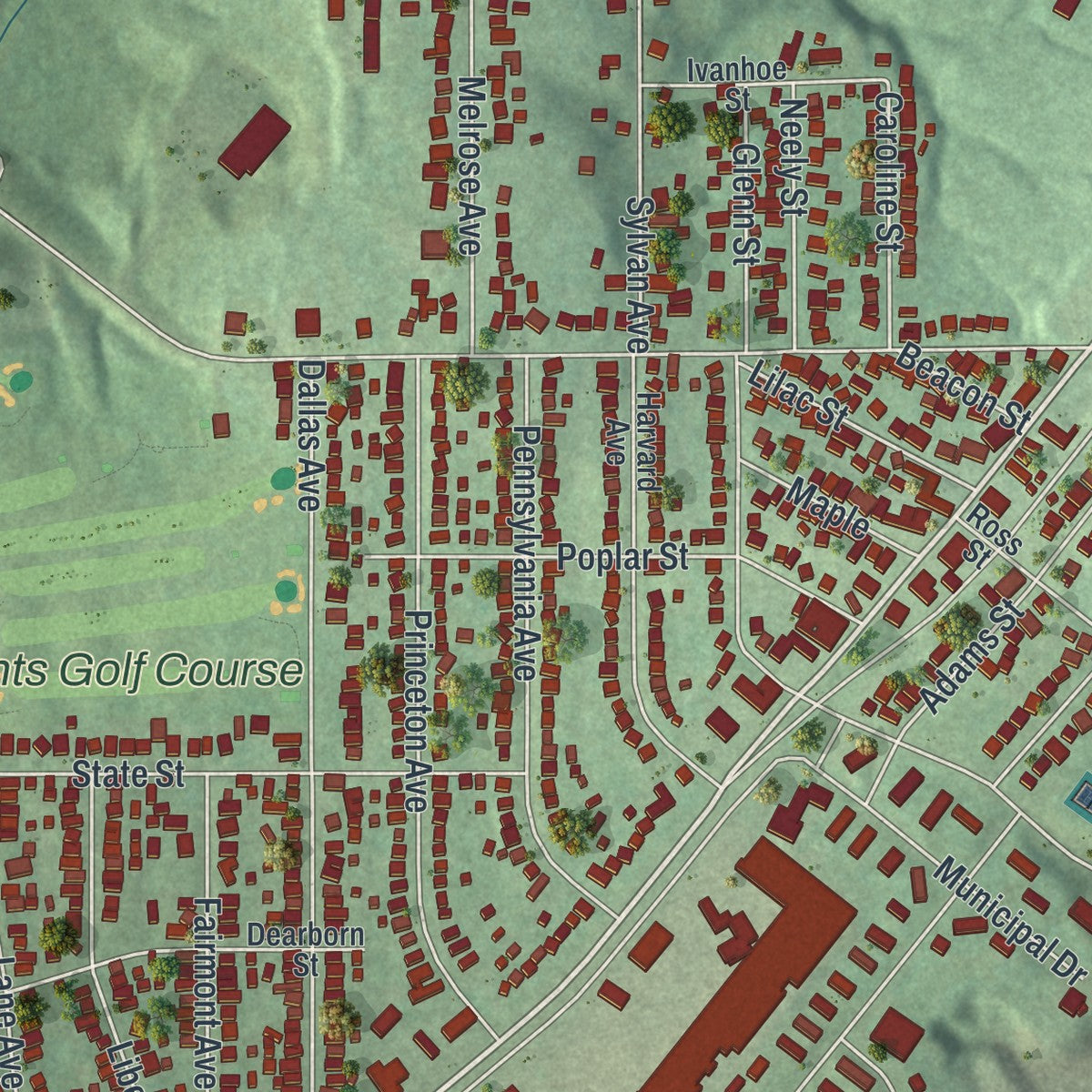 Close-up of the map of Natrona Heights, Pennsylvania print showing street and building detail