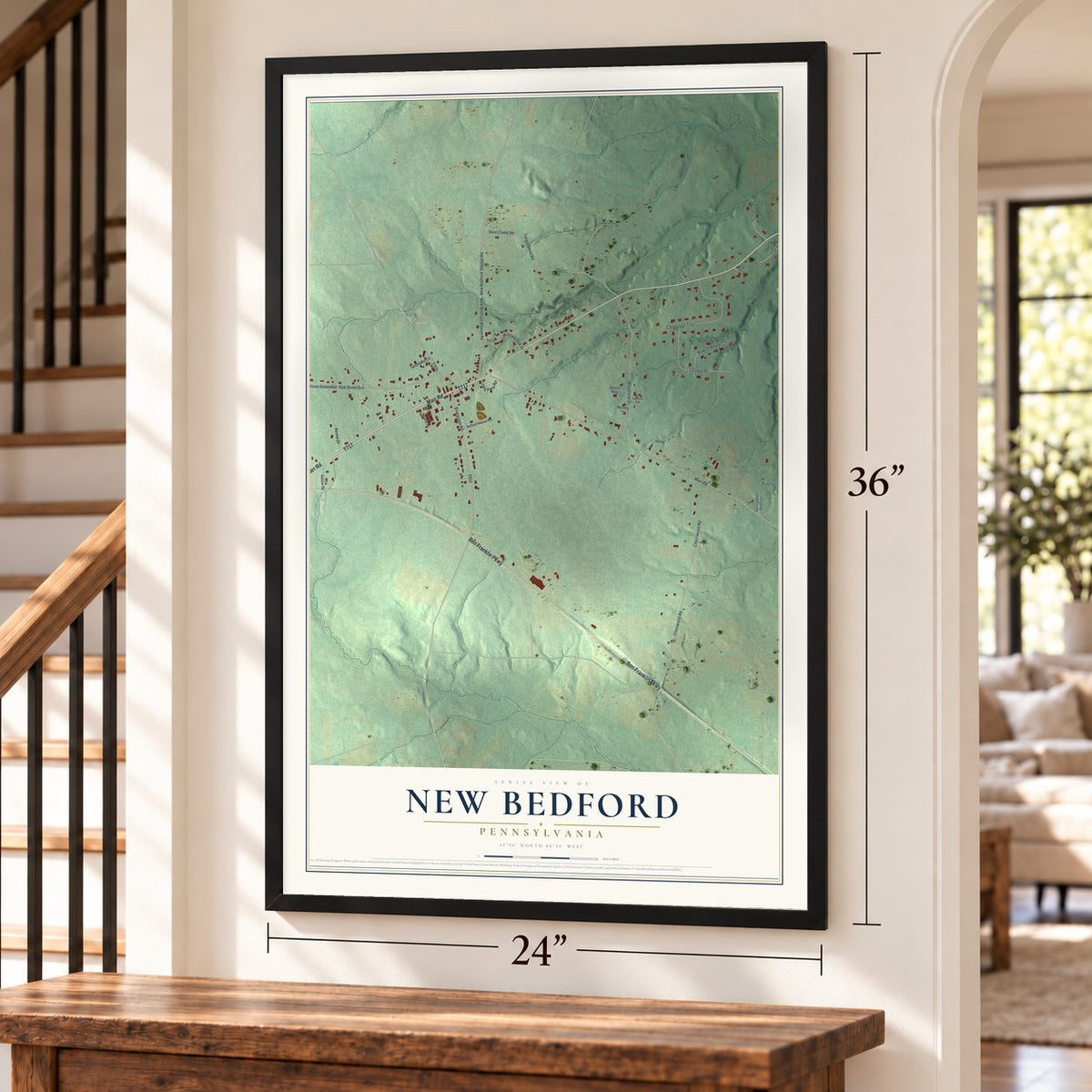 New Bedford, Pennsylvania map, 24 x 36 inch print in a black frame by a staircase