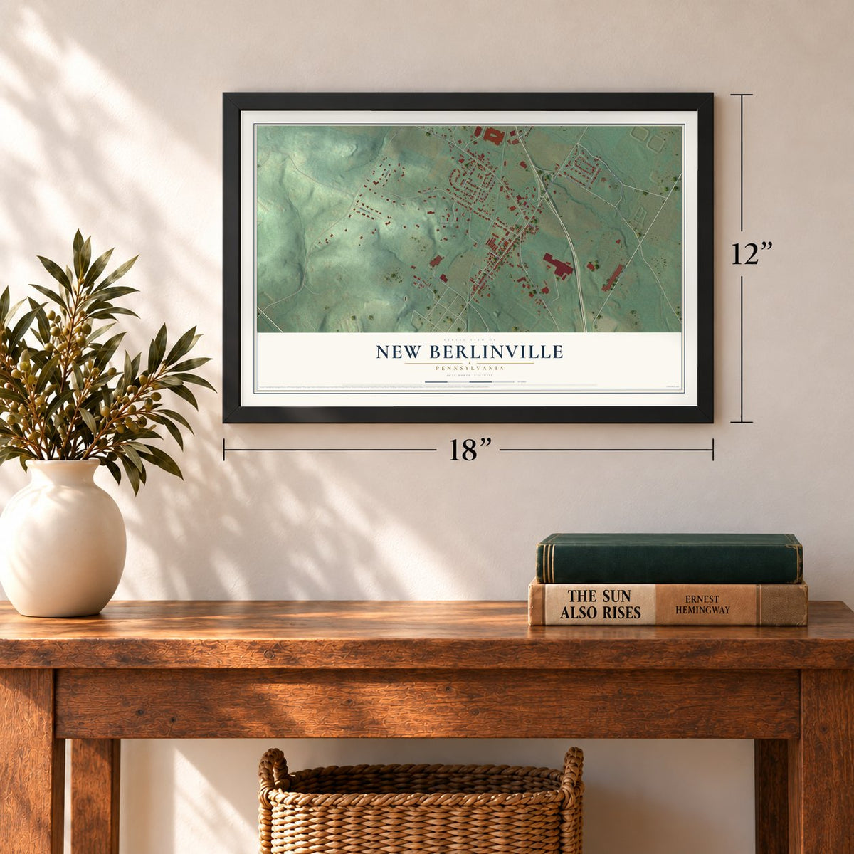 New Berlinville, Pennsylvania map, 12 x 18 inch print in a black frame in an entryway