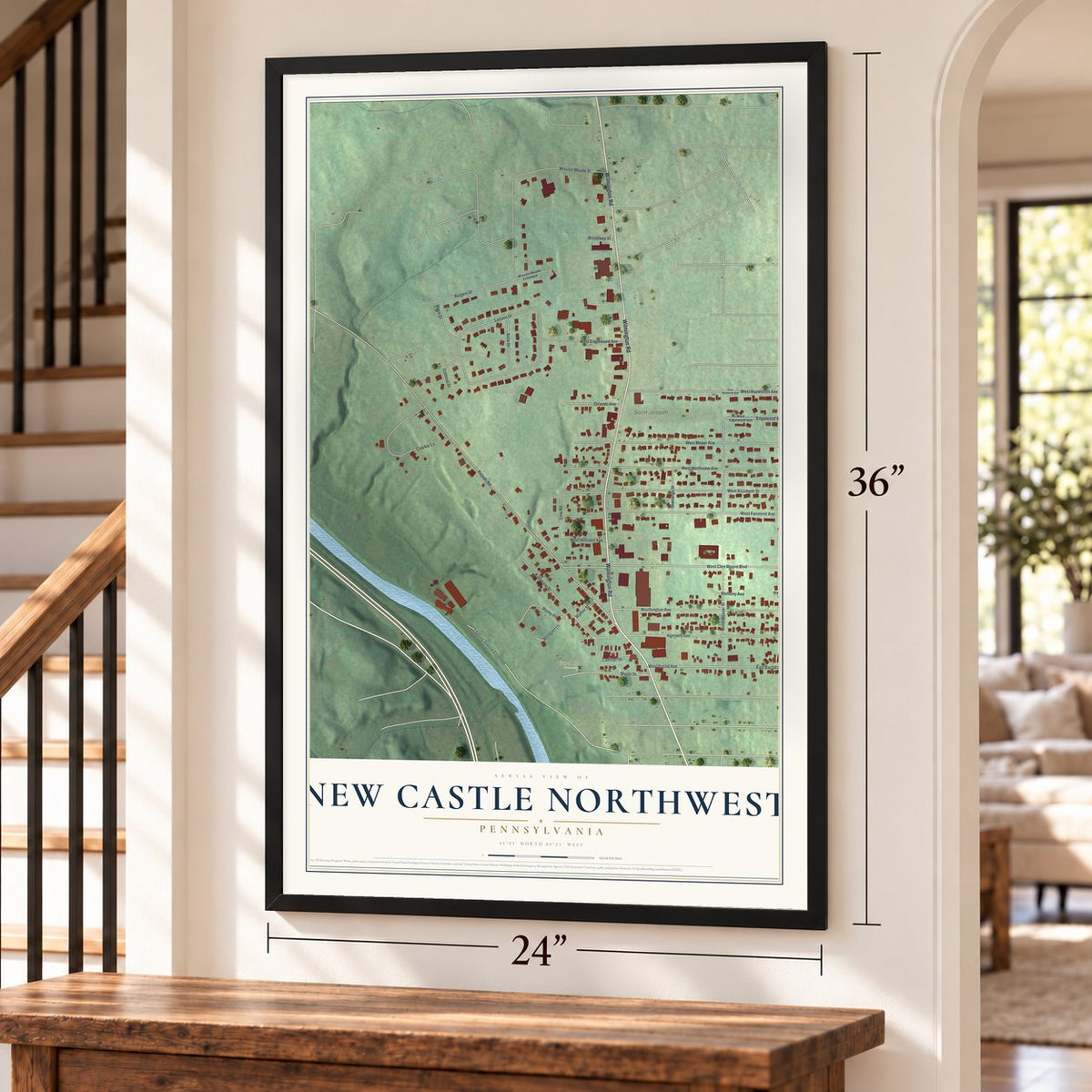 New Castle Northwest, Pennsylvania map, 24 x 36 inch print in a black frame by a staircase