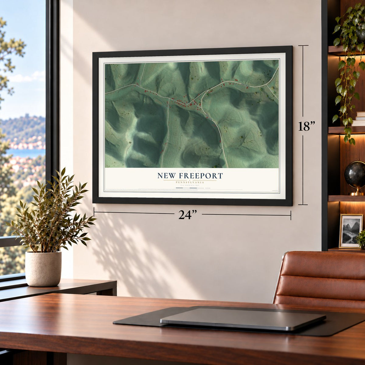 New Freeport, Pennsylvania map, 18 x 24 inch print in a black frame in a home office