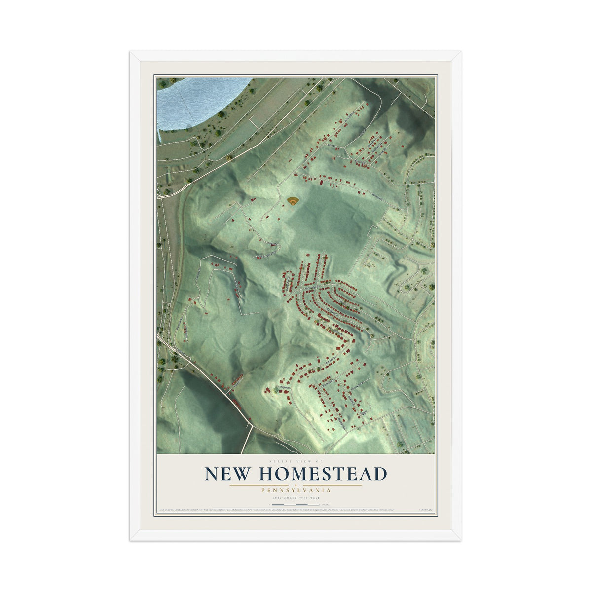 Map of New Homestead, Pennsylvania, 12 x 18 inch print in a white wood frame
