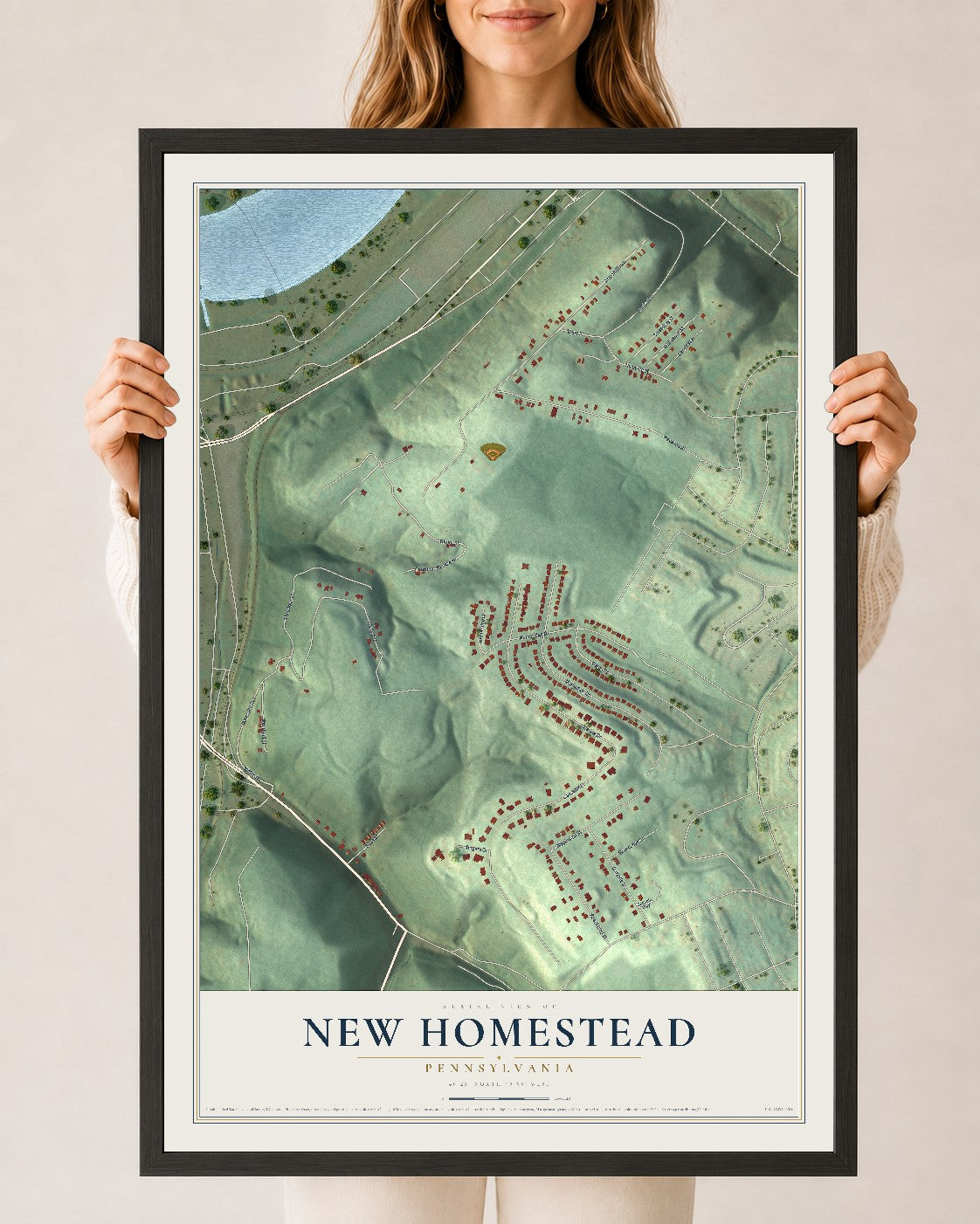 Map of New Homestead, Pennsylvania, 24 x 36 inch print in a black wood frame