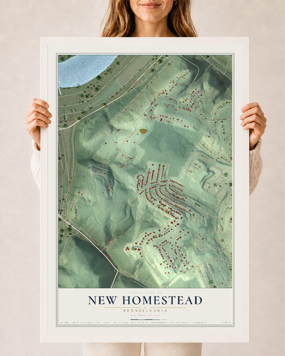 Map of New Homestead, Pennsylvania, 24 x 36 inch print in a white wood frame