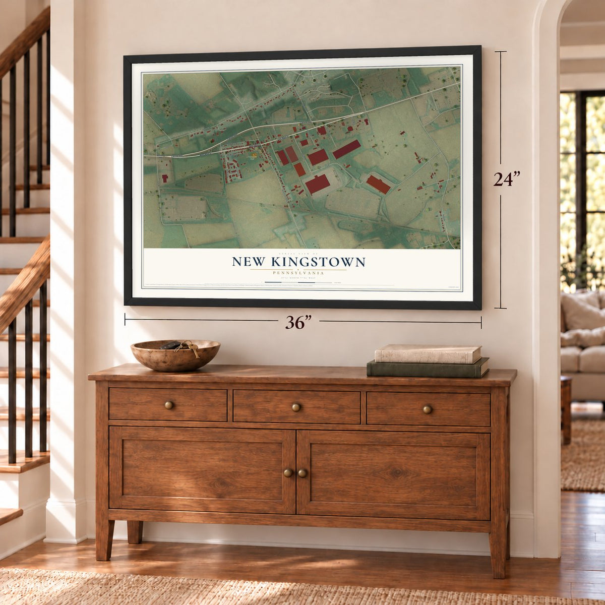 New Kingstown, Pennsylvania map, 24 x 36 inch print in a black frame above a dresser by a staircase
